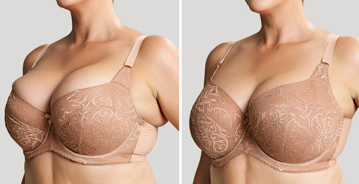 Beige lace bra with delicate floral patterns and thin adjustable straps highlighting signs of wrong bra size.