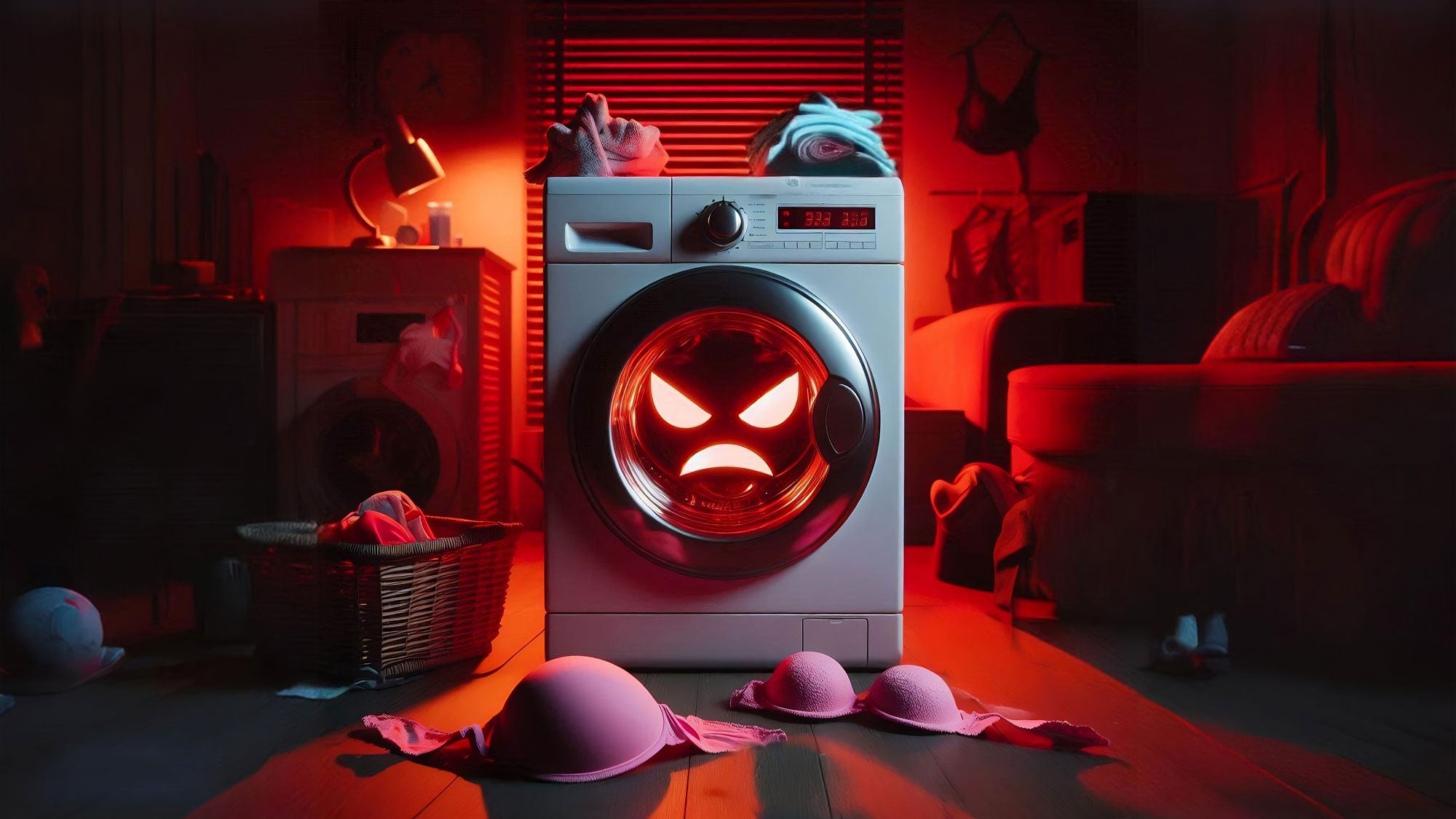 A silver front loading washing machine with a glowing red digital display and an angry face inside the door.