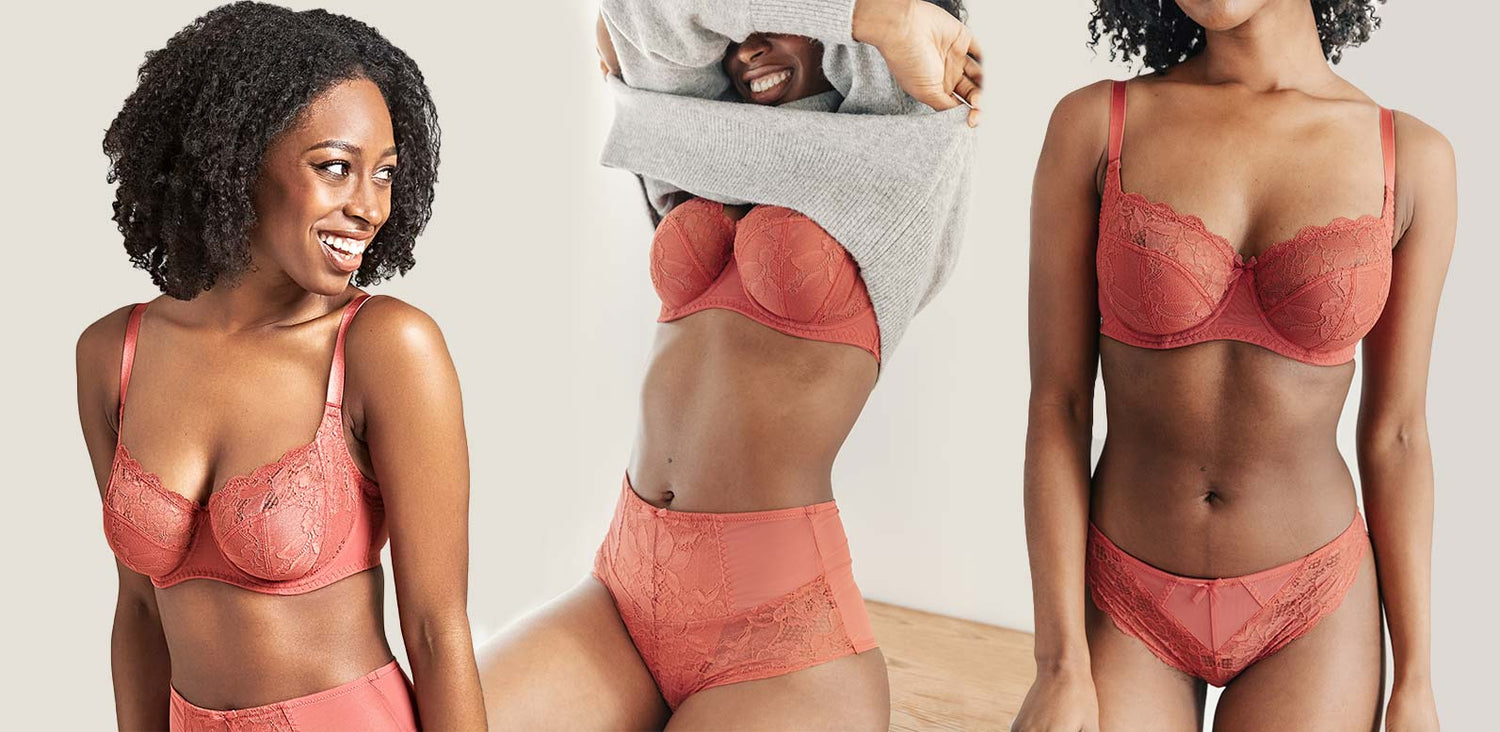 Coral lace bra and matching high-waisted panties set perfect for styling under various outfits