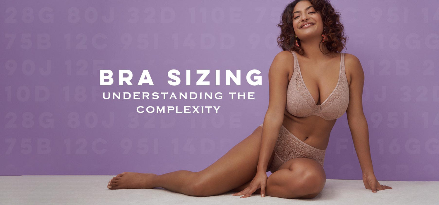 A beige lace bra with delicate intricate pattern and thin straps illustrating bra sizing complexity.