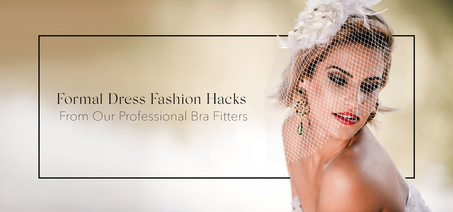 A woman wearing a white feathered headpiece with delicate netting for formal dress fashion hacks from bra fitters