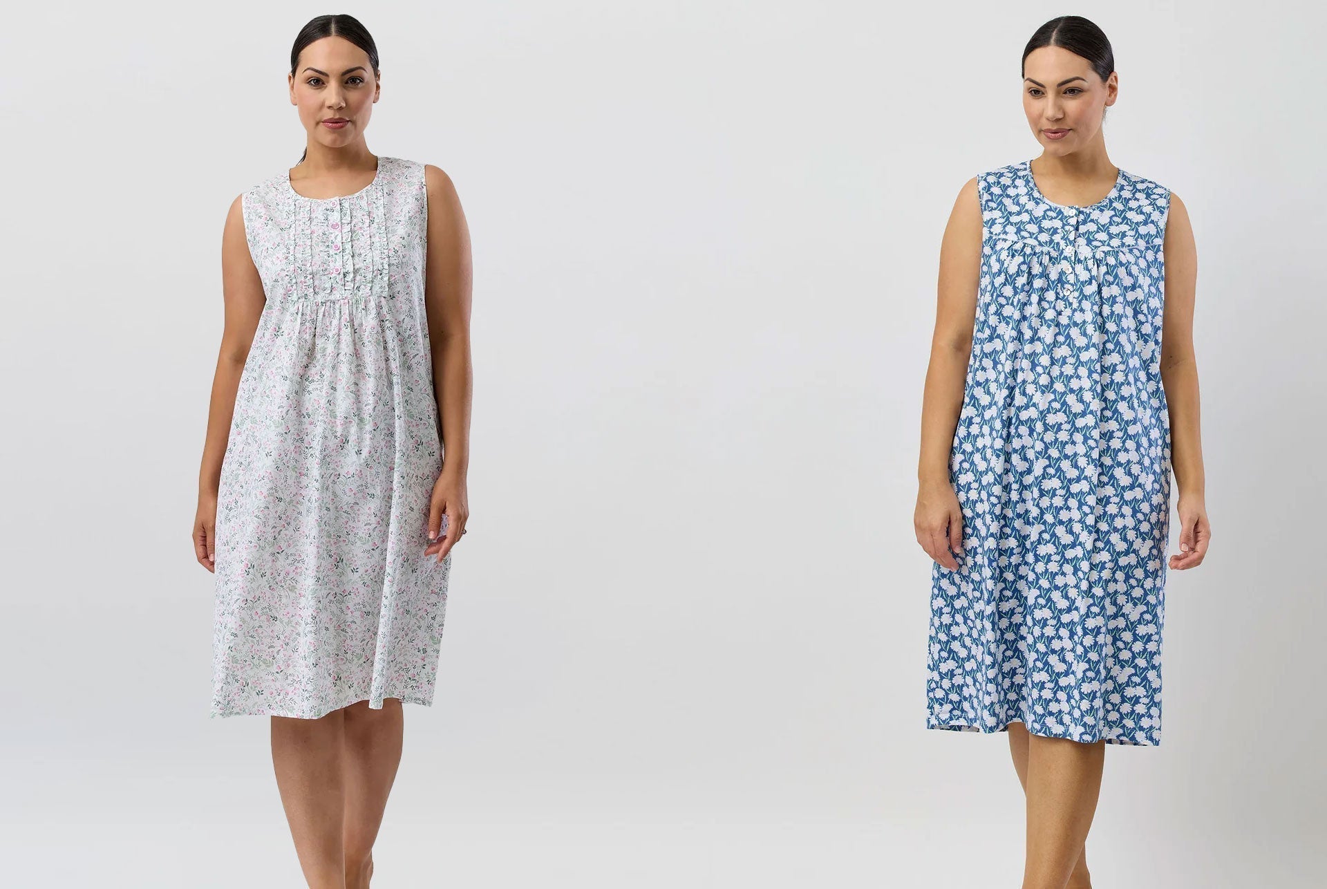 Two sleeveless knee-length floral nightgowns in white gray and blue light purple with gathered bodices for summer sleepwear