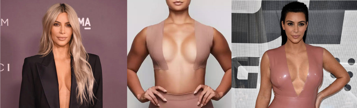 Three women including kim kardashian wearing a black blazer, sheer nude bodysuit, and glossy rose outfit in boob tape guide