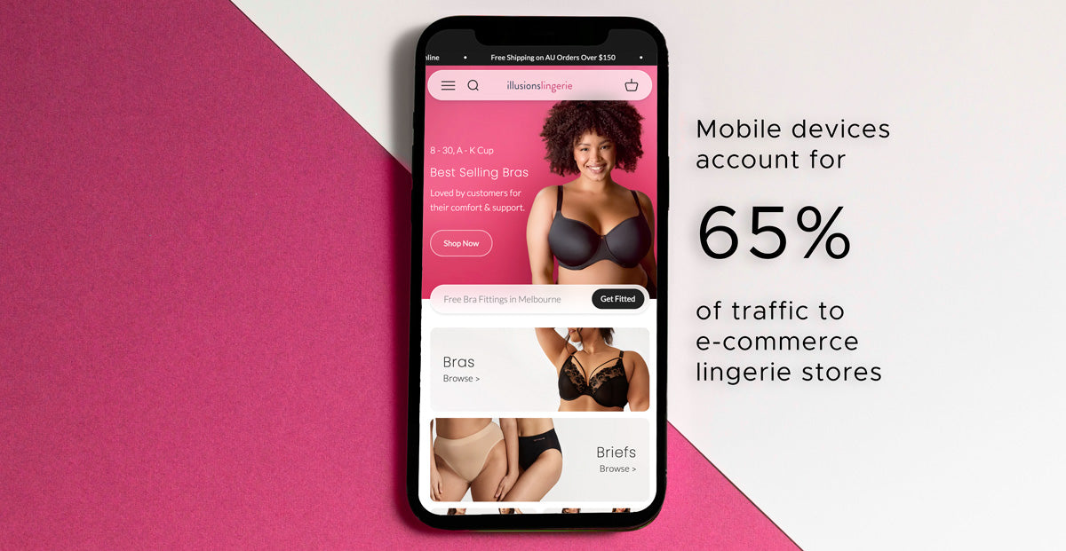 Smartphone showing Bustology lingerie site on pink and white background in Lingerie Statistics 2026 article
