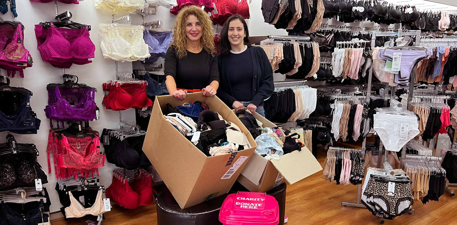 Pink charity bin for donations in front of lingerie-filled box, October review