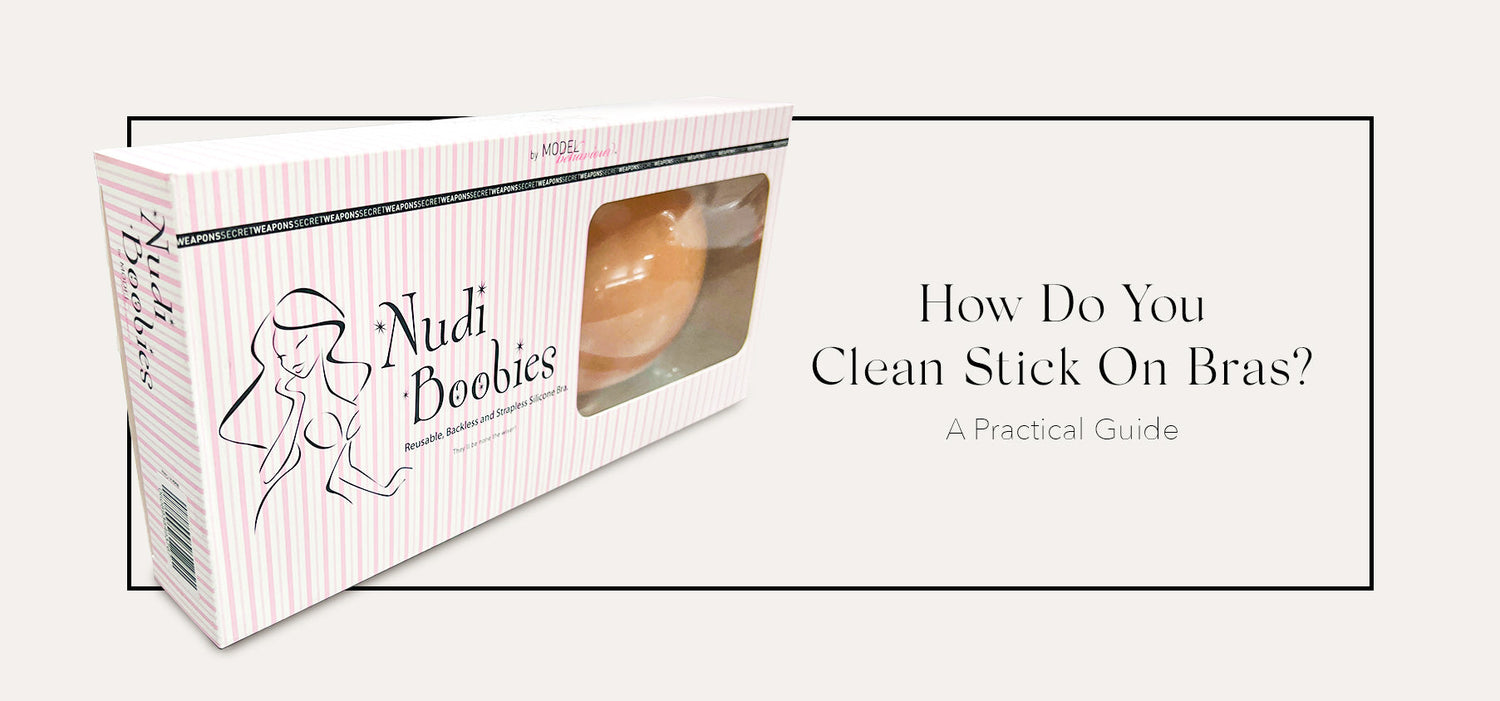 A peach-colored stick-on bra in a pink and white striped box illustrating how to clean stick-on bras practical guide