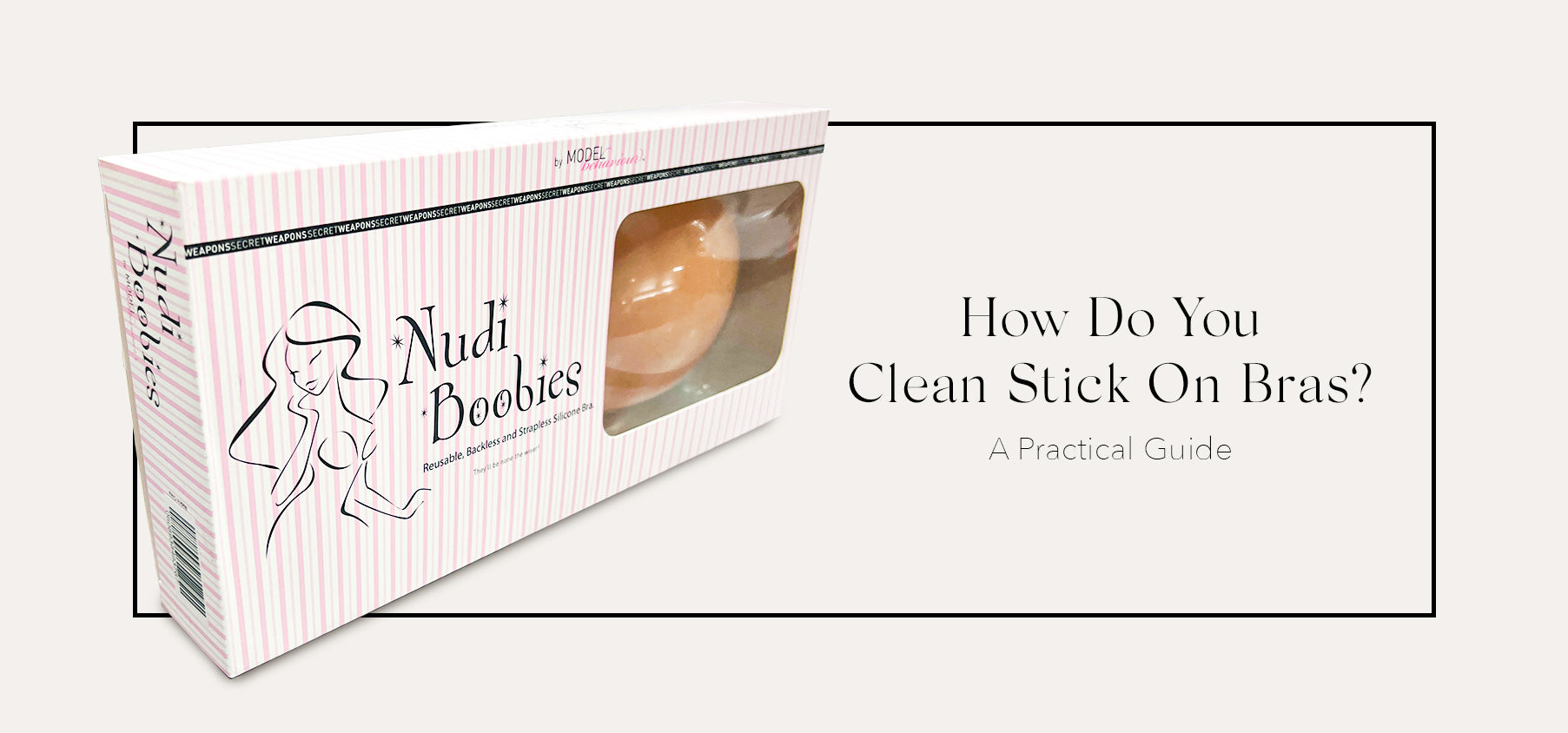 A peach-colored stick-on bra in a pink and white striped box illustrating how to clean stick-on bras practical guide