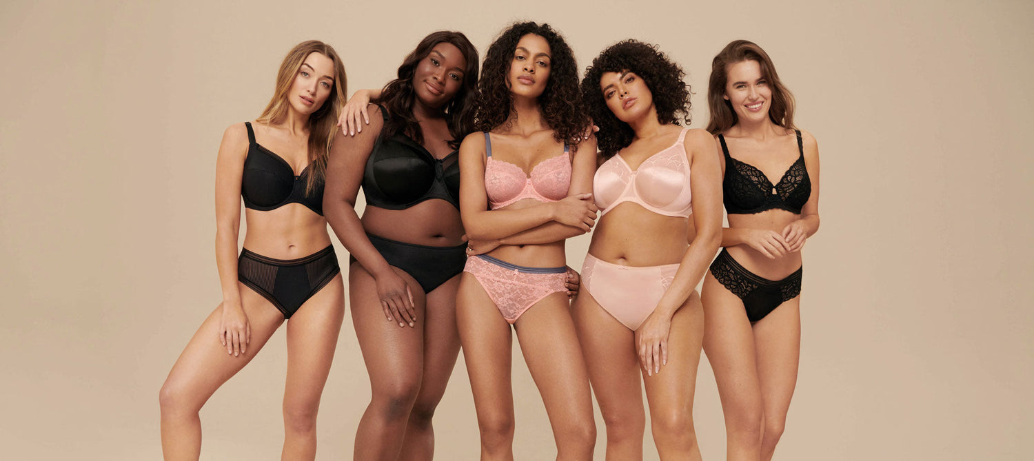 Lingerie sets in black and pink with lace detailing featured in a guide on common bra styles and choosing the right one