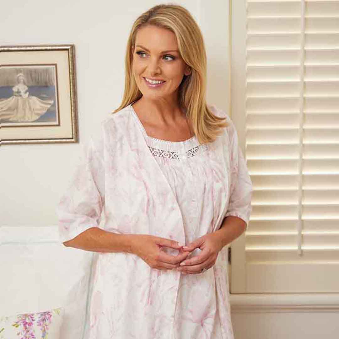 Woman wearing a French Country pure cotton nightie