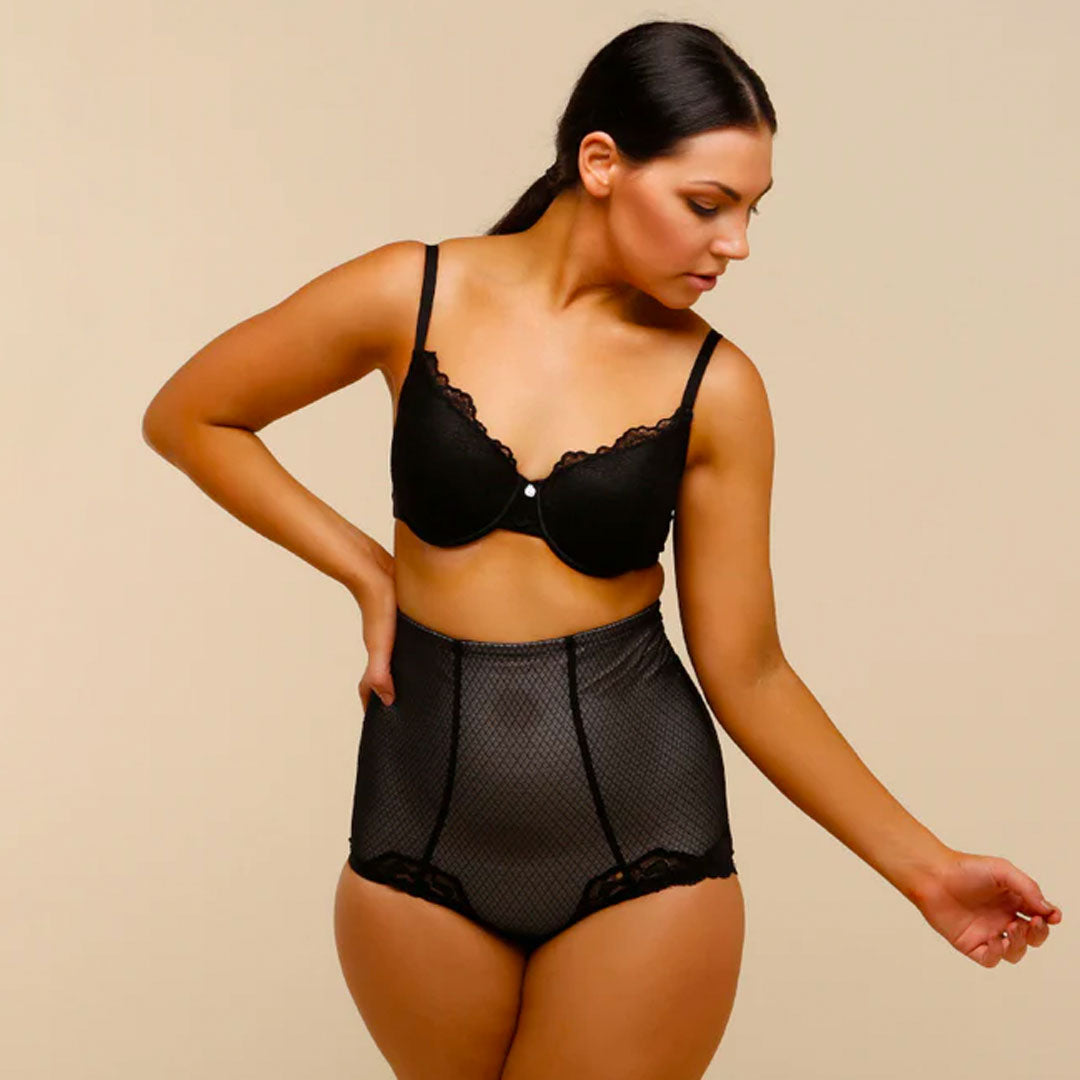 Black lace-trimmed high-waisted shapewear briefs in Hush Hush collection