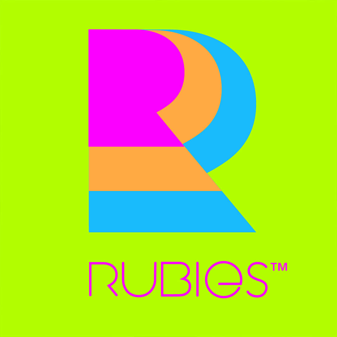 Vibrant multicolored abstract letter r logo with bold magenta orange and cyan shapes on neon green background in rubies collection