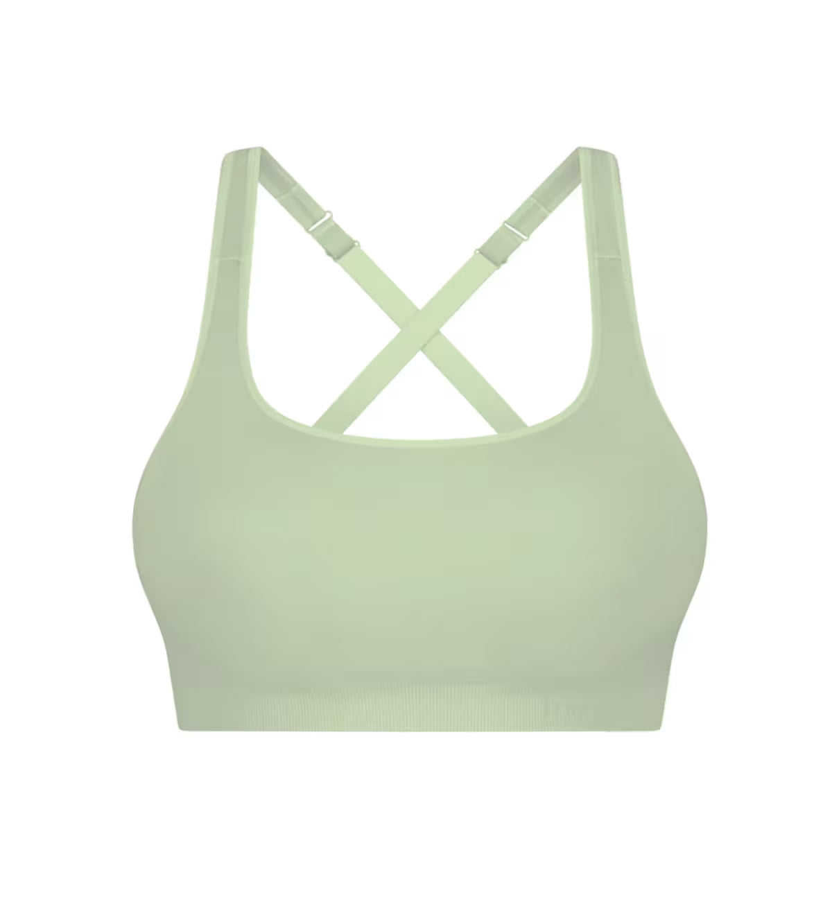Triumph triaction ultra seamfree top back view in pale green seamless sports bra with crisscross straps