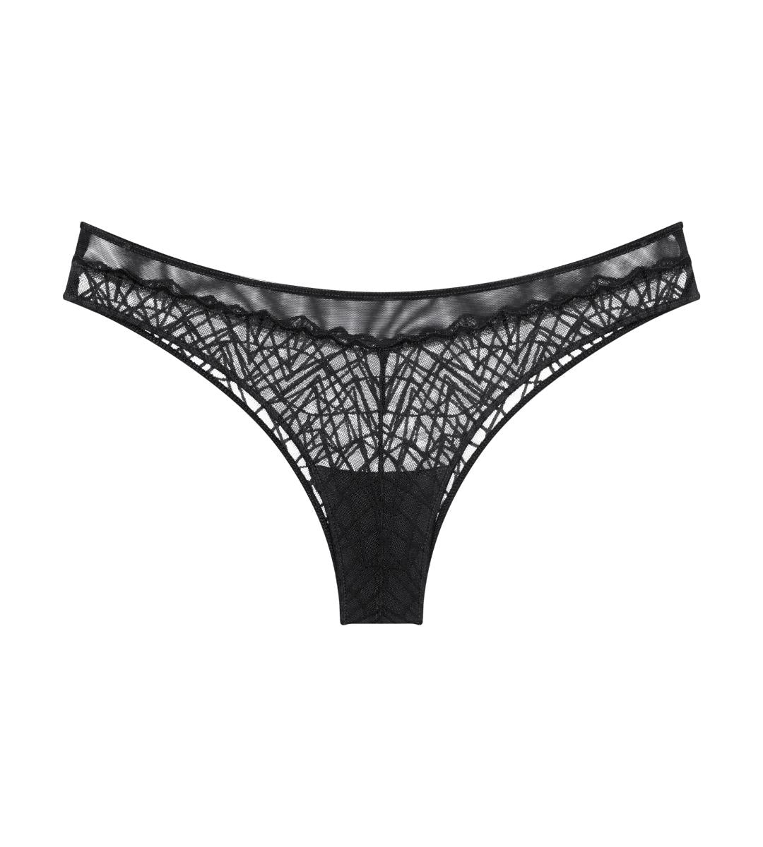Black lace thong with geometric pattern and sheer mesh in That Night in Vegas Brazilian style