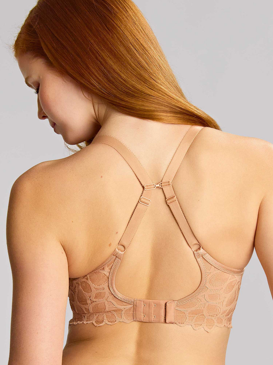Allure Moulded Spacer beige lace bra with crisscross back straps