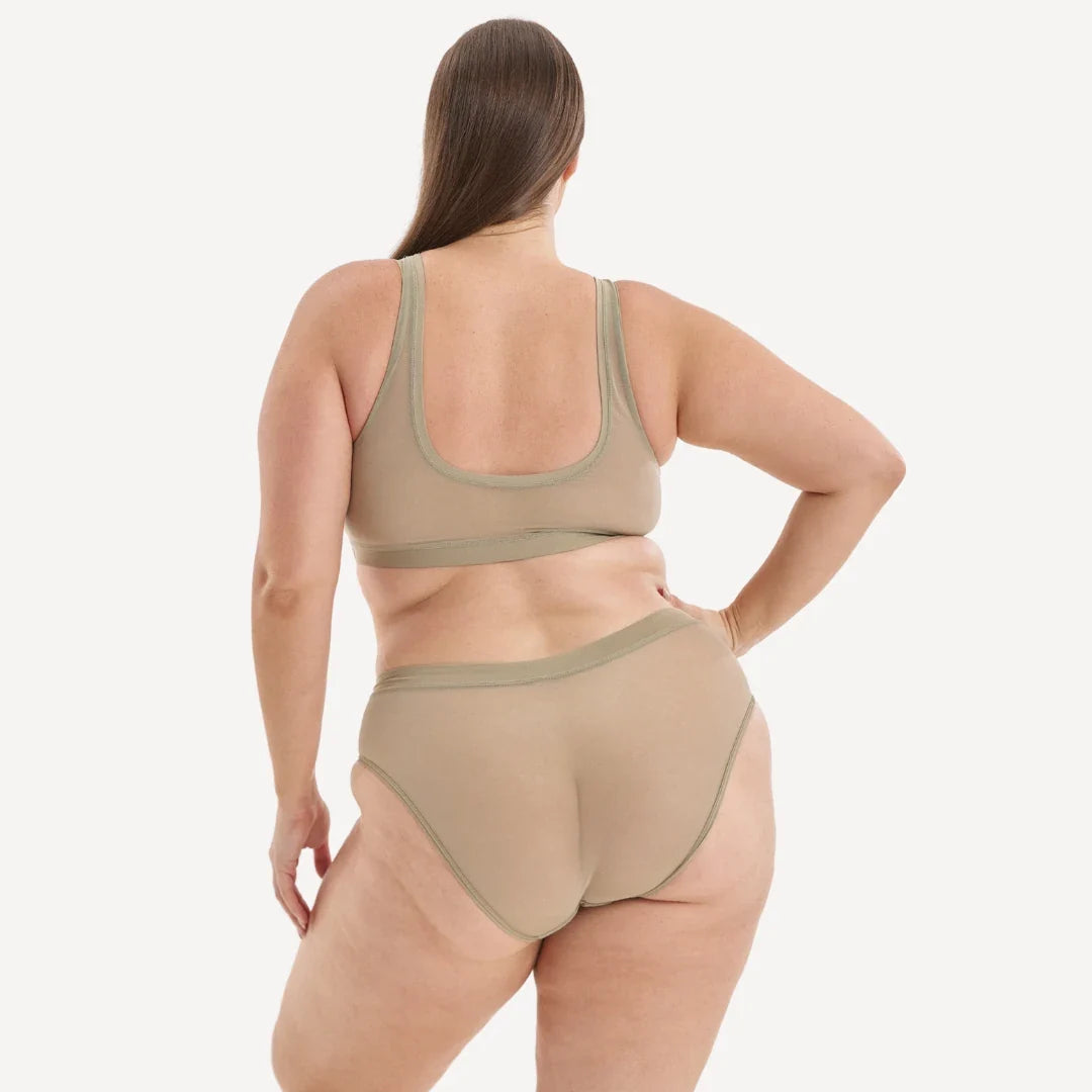 Olive green seamless bra and matching high-waisted briefs set titled everybody tuck brief designed for comfort and support