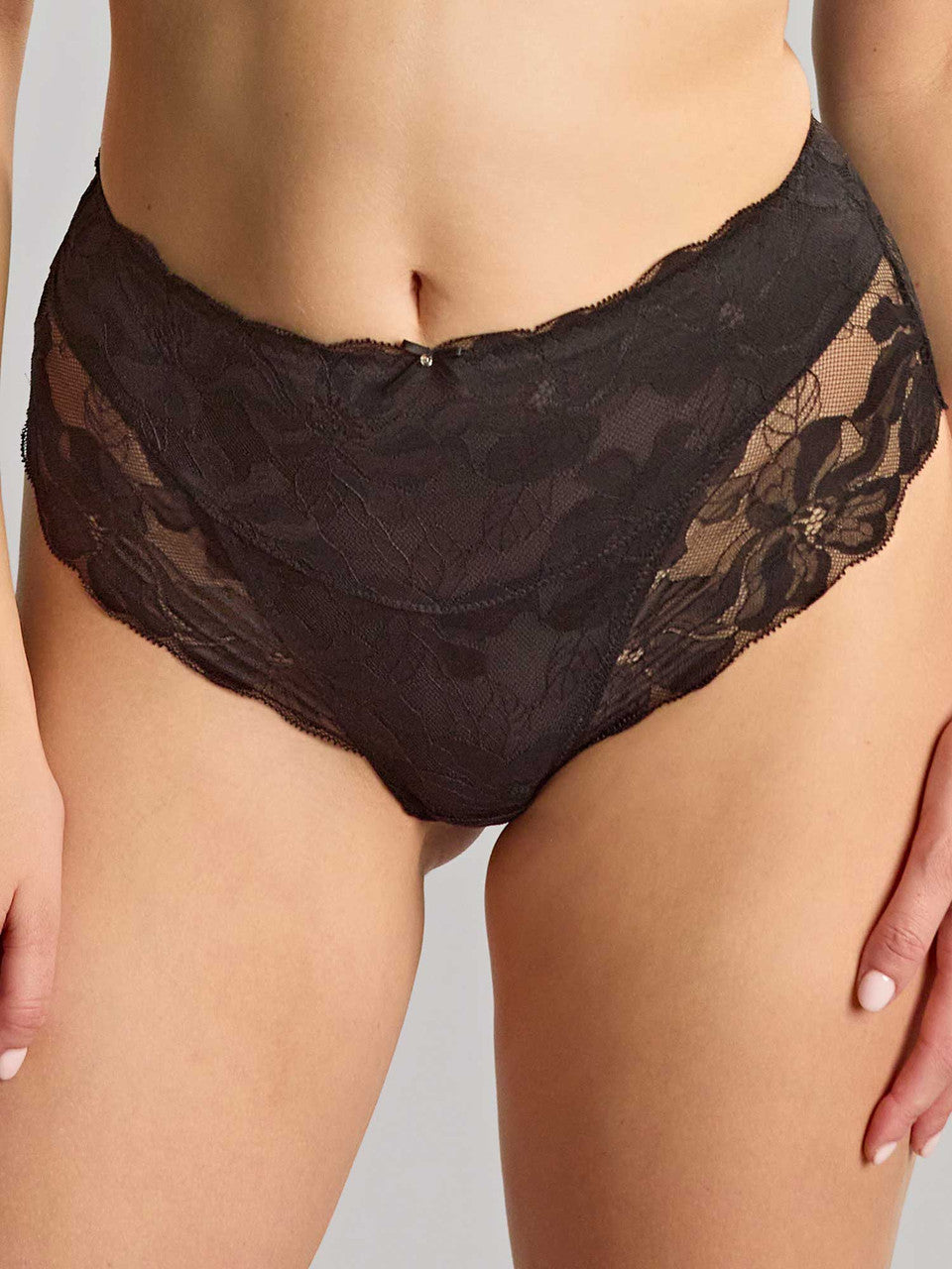 Black lace high-waisted evangeline deep brief with floral patterns and scalloped edge for elegant lingerie wear