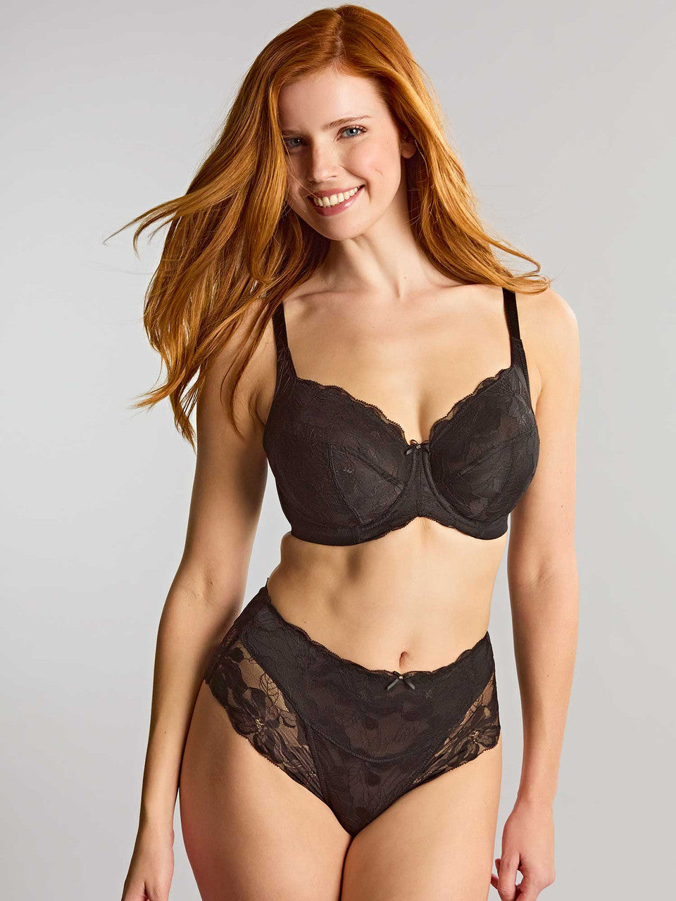 Black lace bra and matching high-waisted panties set evangeline deep brief in elegant sheer lace design
