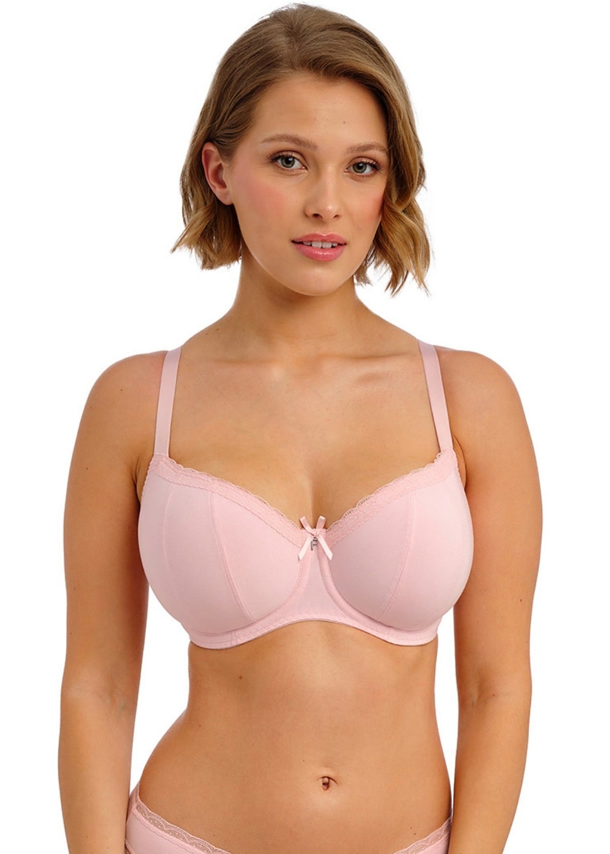 Freya Flirt padded half cup bra in pink with lace trim and bow