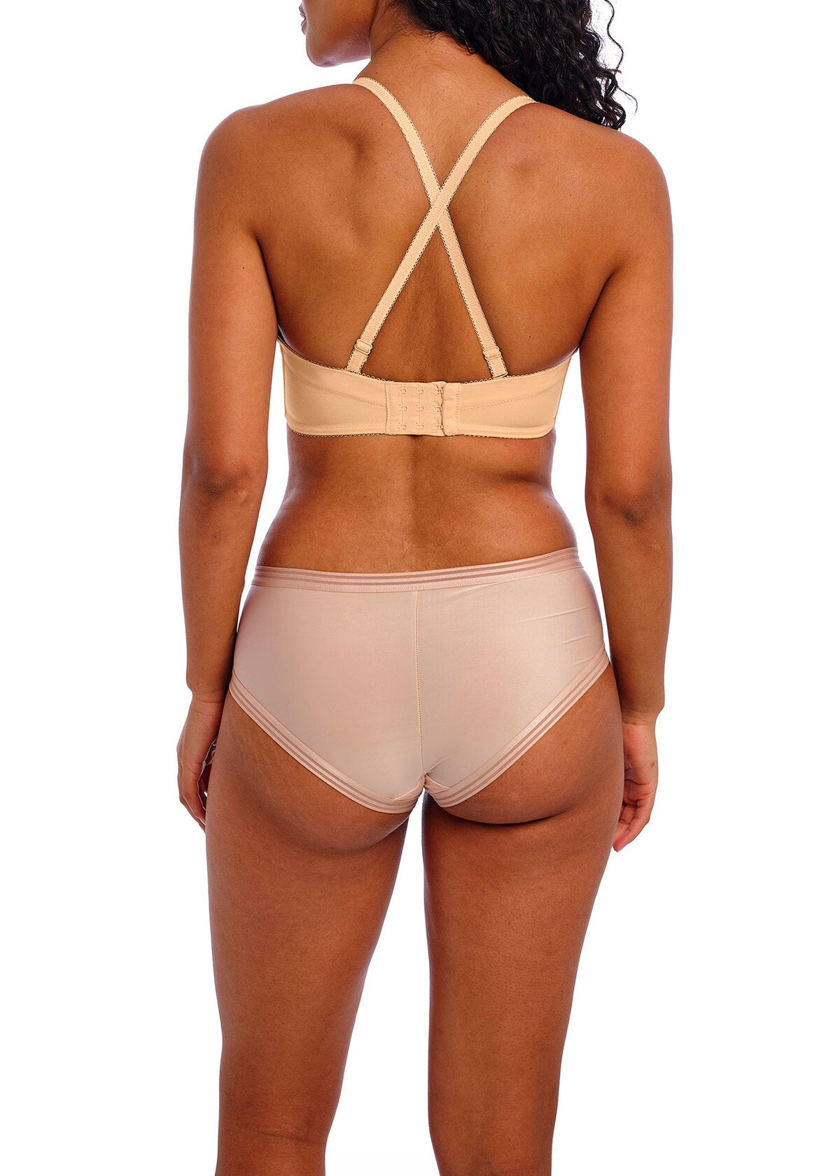 Beige deco moulded strapless bra with push-up design and crisscross back straps shown with matching high-waisted briefs