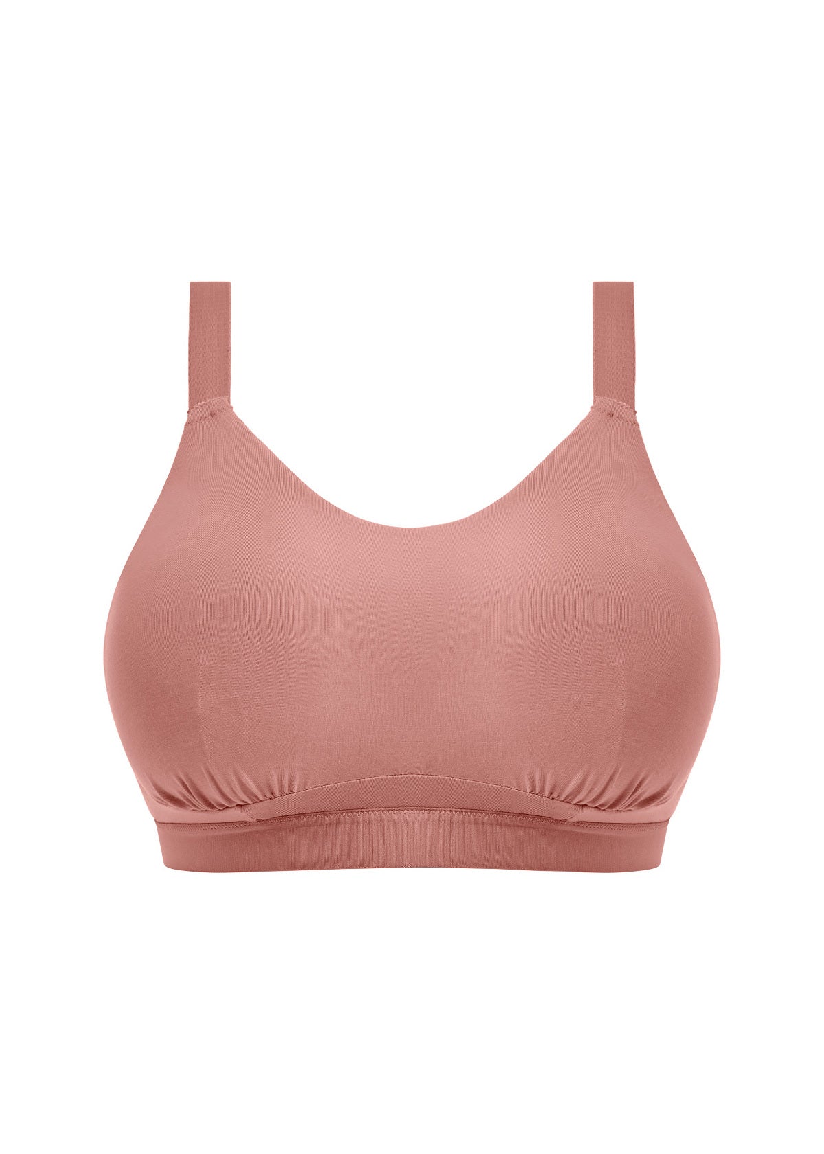 A soft rose-pink downtime non wired bralette with thin straps and smooth stretchy fabric for comfortable wear