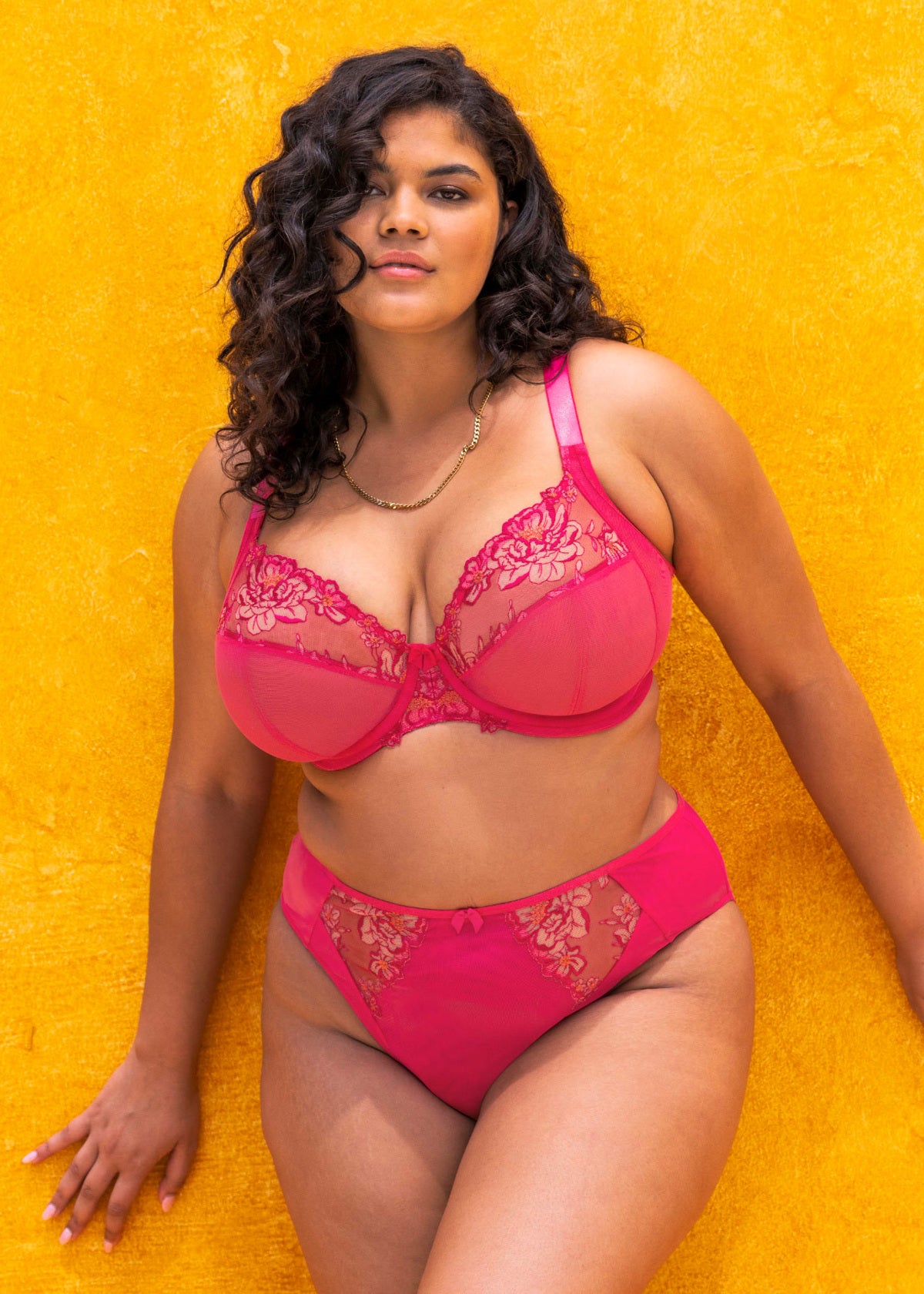 Vibrant pink Teagan underwire plunge bra with lace floral embroidery