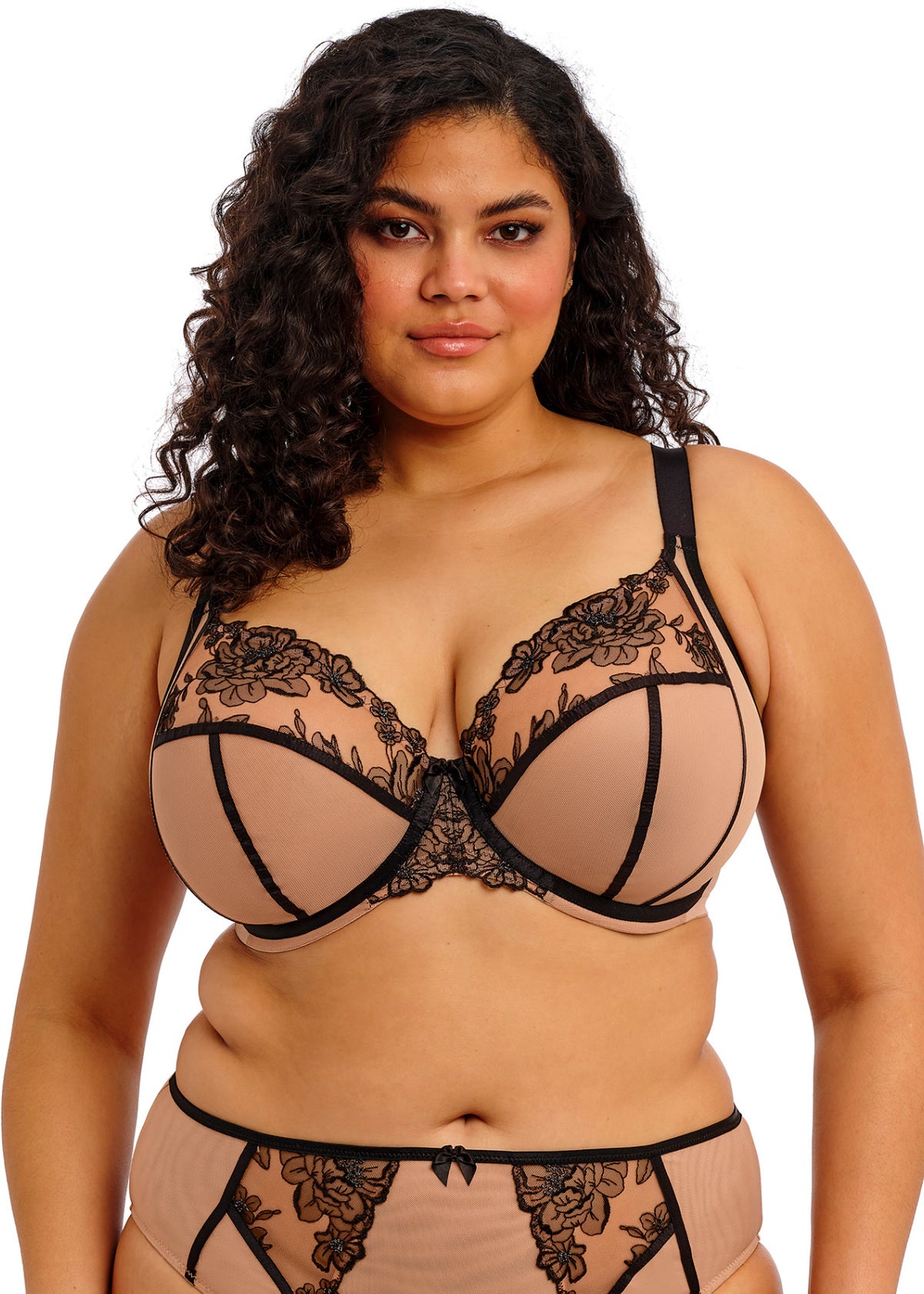 Teagan Underwire Plunge Bra in nude lace with black floral embroidery