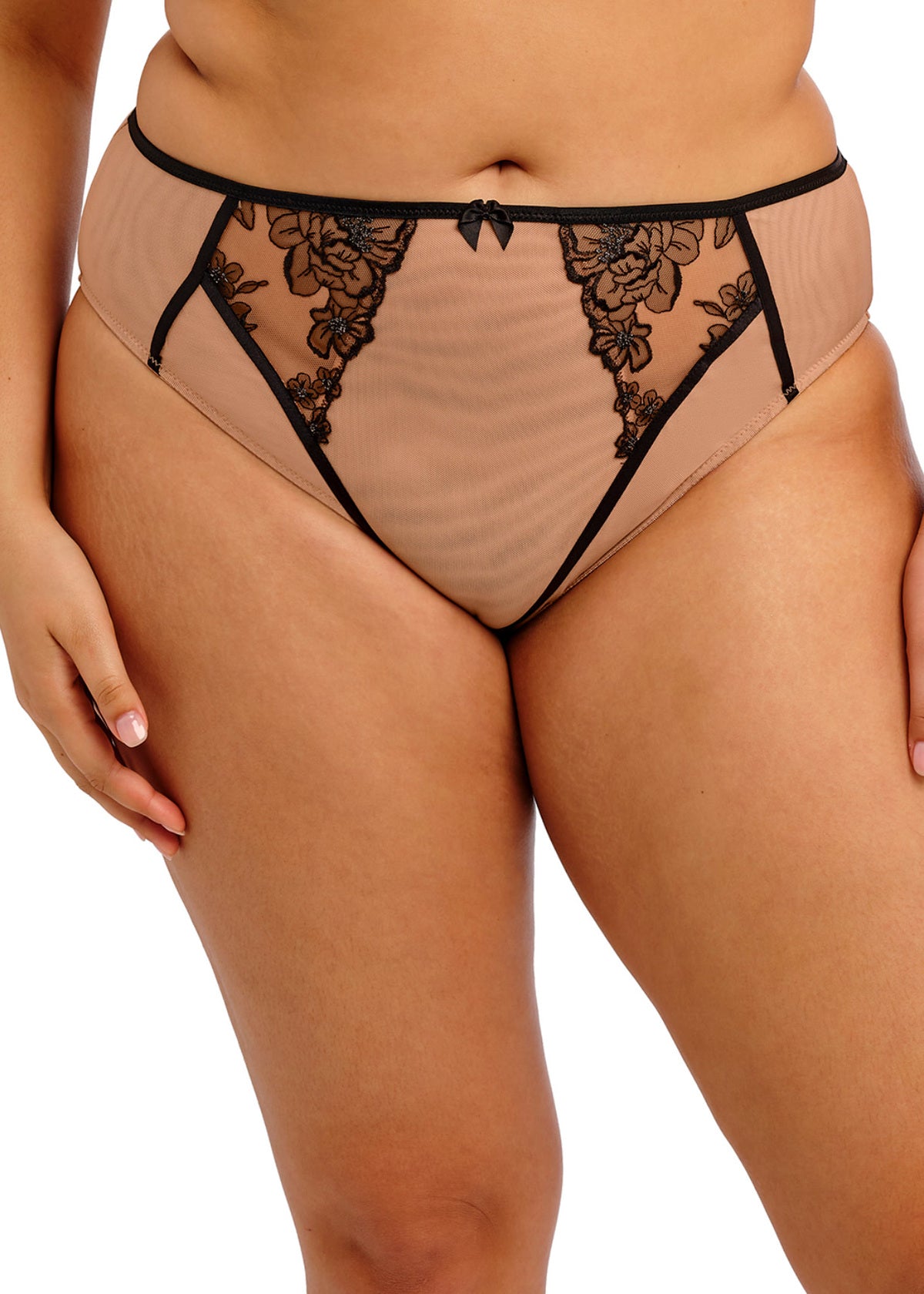 Teagan High Leg Brief: beige lace-trimmed thong with black floral embroidery and bow