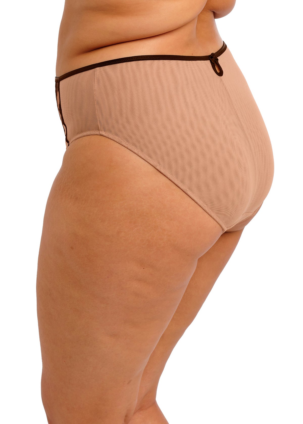 Teagan High Leg Brief in beige ribbed fabric with black trim and bow