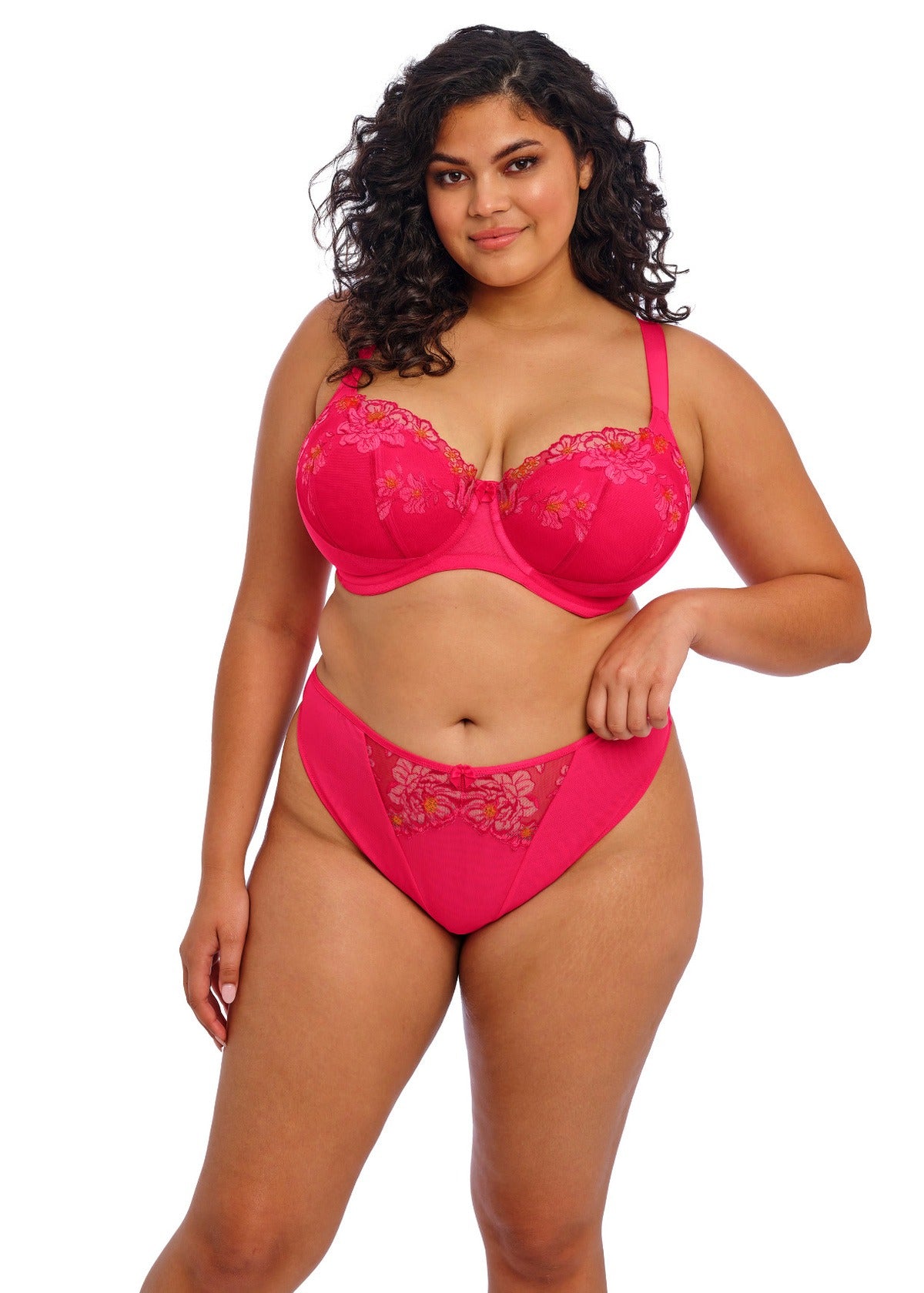 Vibrant fuchsia Teagan Azalea thong with floral lace bra and panties