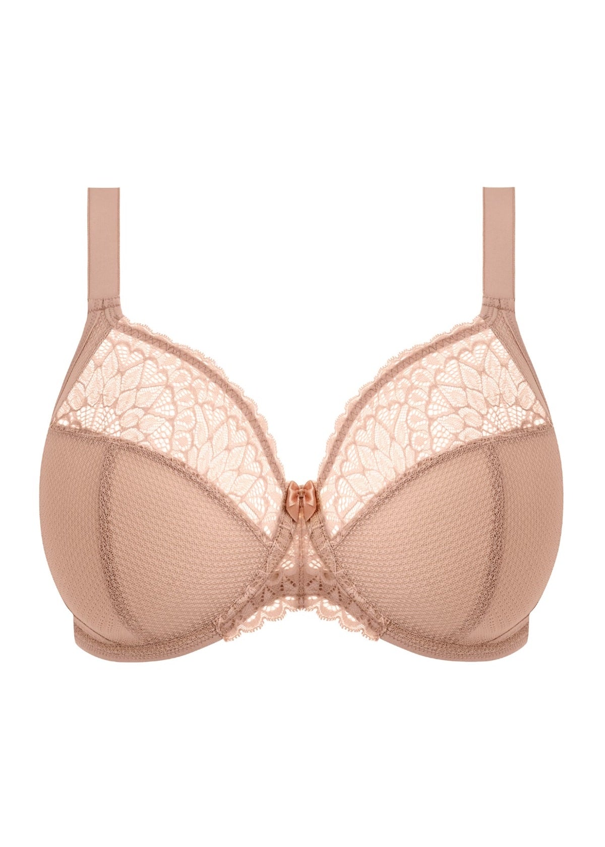 Beige tiernie plunge bra with lace trim underwire and subtle floral pattern with adjustable straps