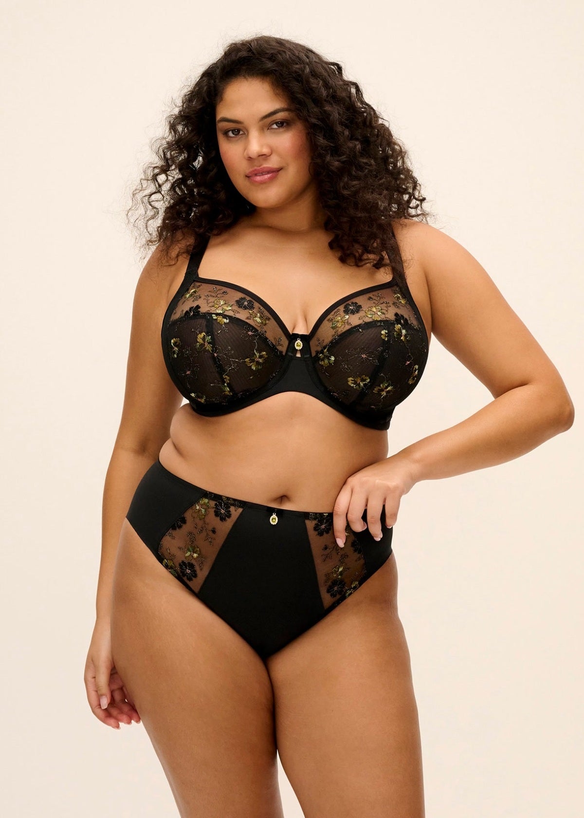 Black lace Lyriana bra and high-waisted briefs with floral embroidery in matching lingerie set