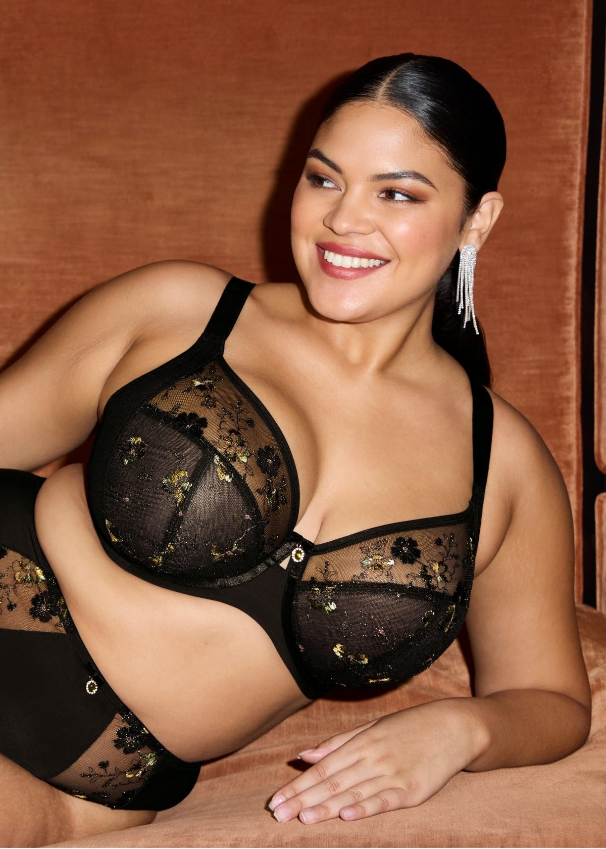 Black lace lyriana brief bra with floral gold embroidery and adjustable straps for a comfortable fit