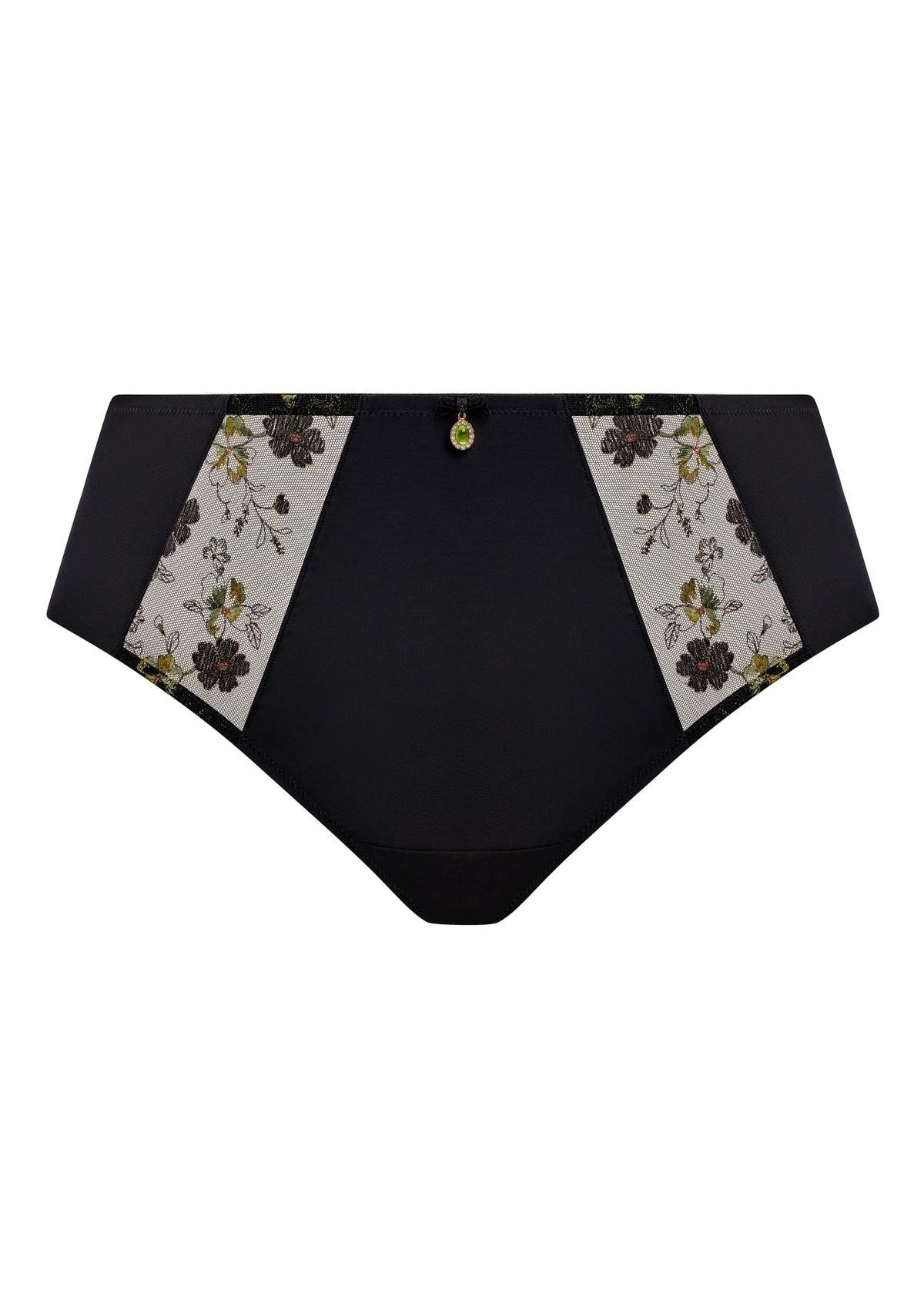 Black lyriana brief high-waisted bikini with floral lace panels and central gold-tone embellishment