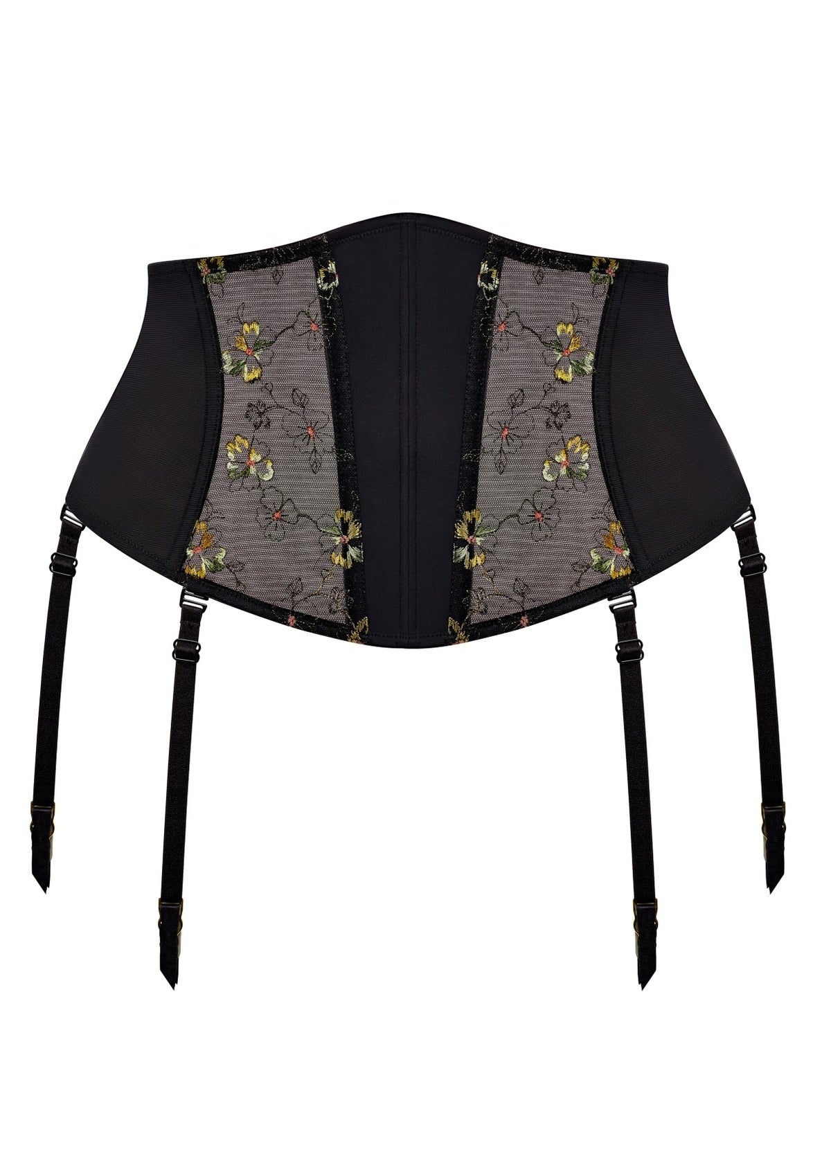 Lyriana suspender black corset with floral embroidery on sheer panels and adjustable straps front view