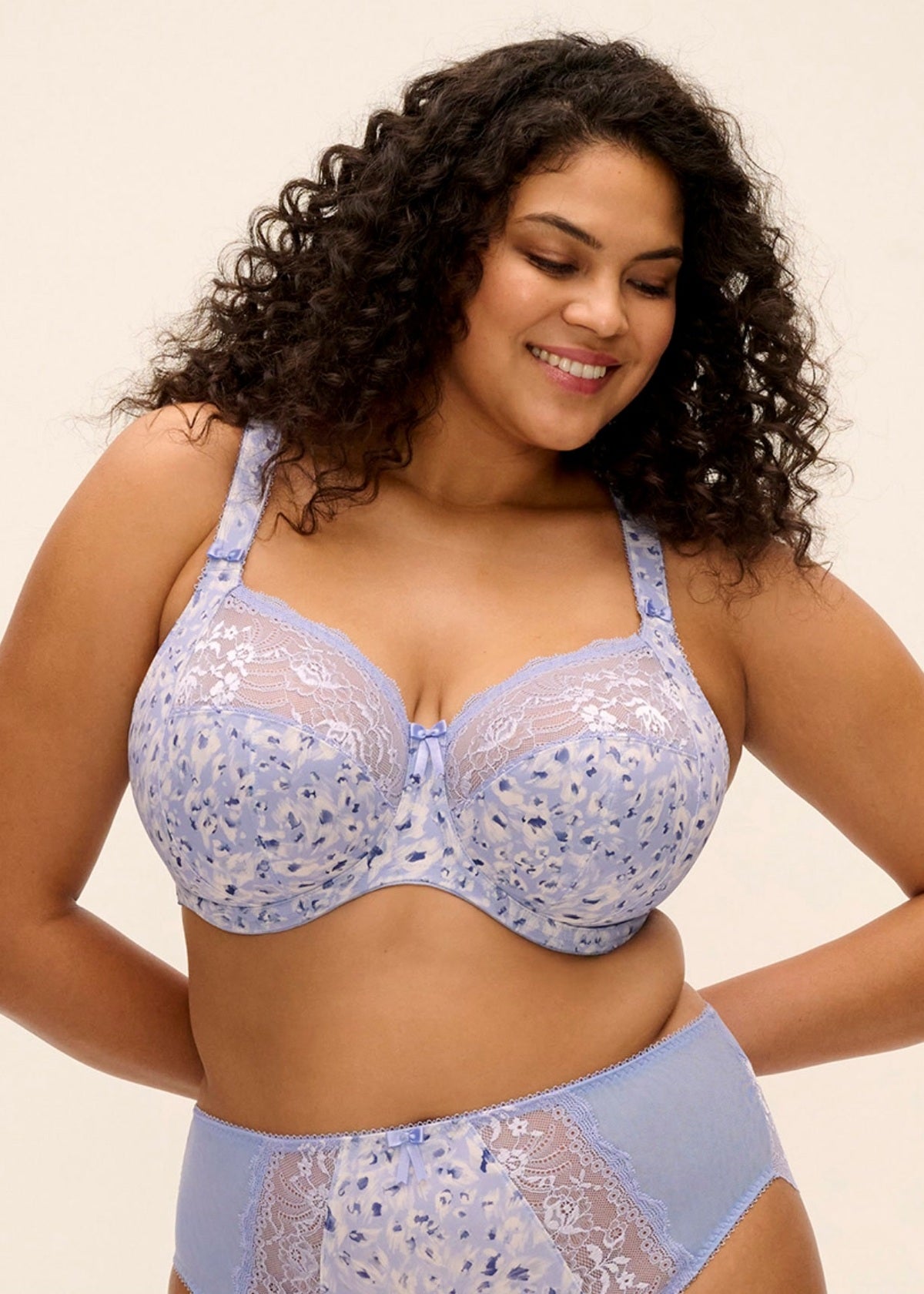 Light blue floral lace bra with matching high waisted panties in the morgan lingerie set