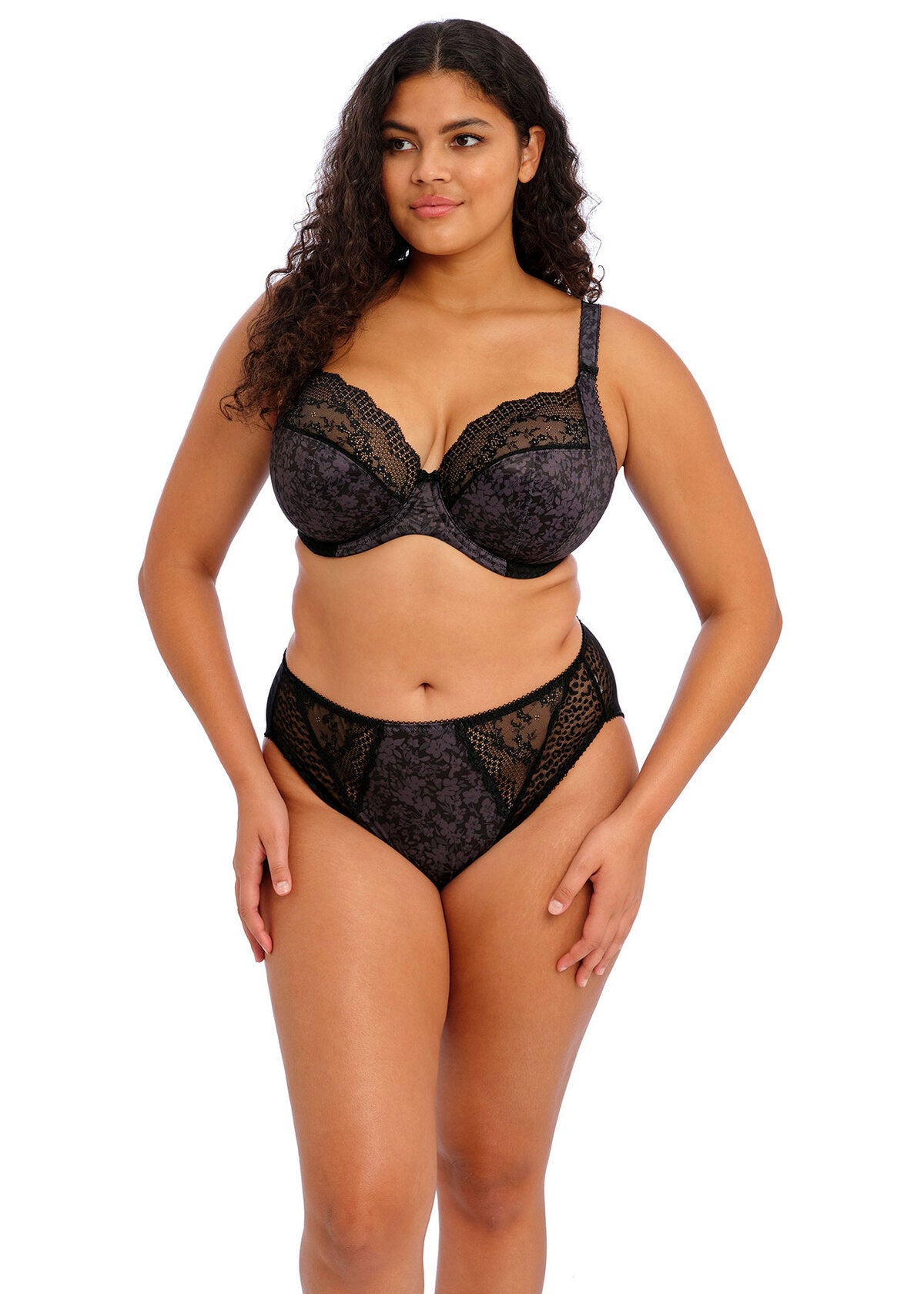 Lucie Plunge black lace bra and high-waisted briefs set