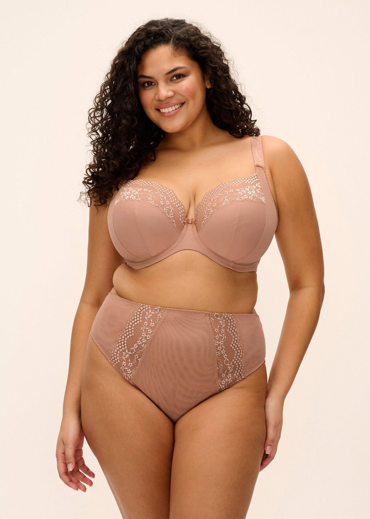 Beige lace-trimmed plus-size Lucie plunge bra and matching high-waisted briefs set in soft fabric