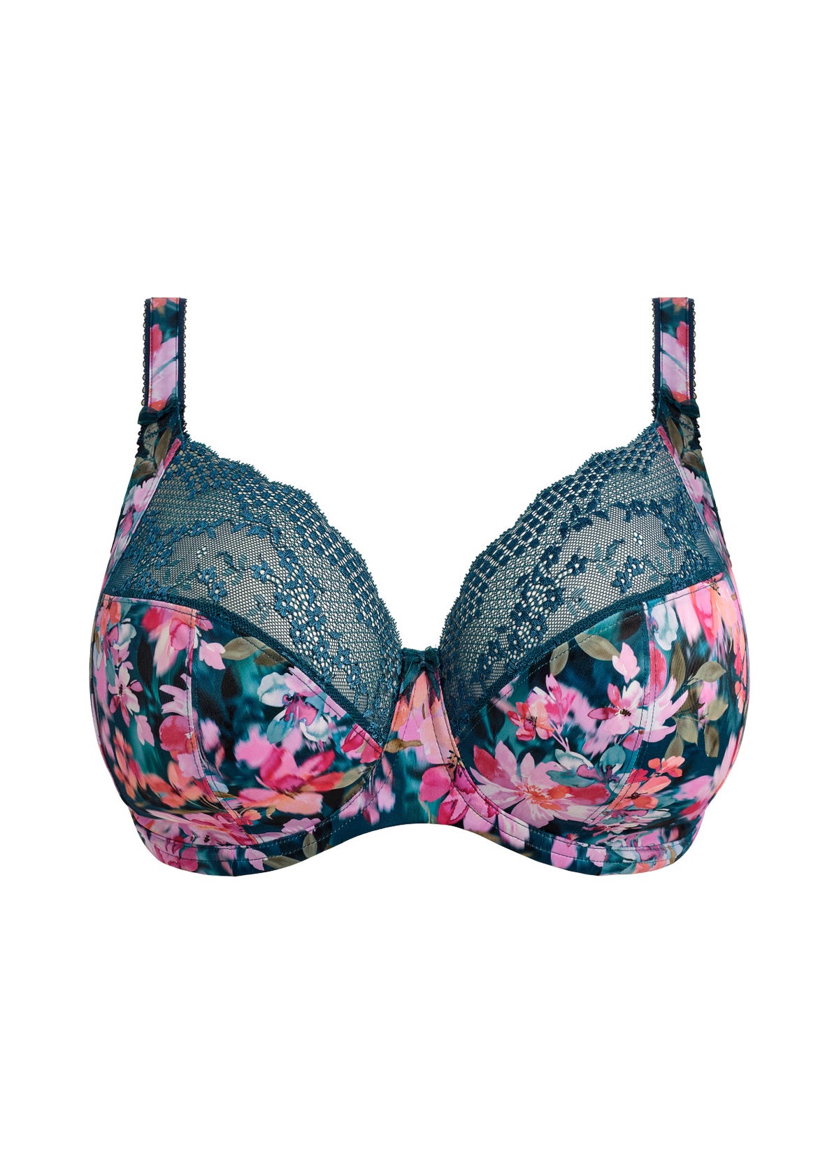 Lucie Plunge teal and pink floral underwire bra with lace trim