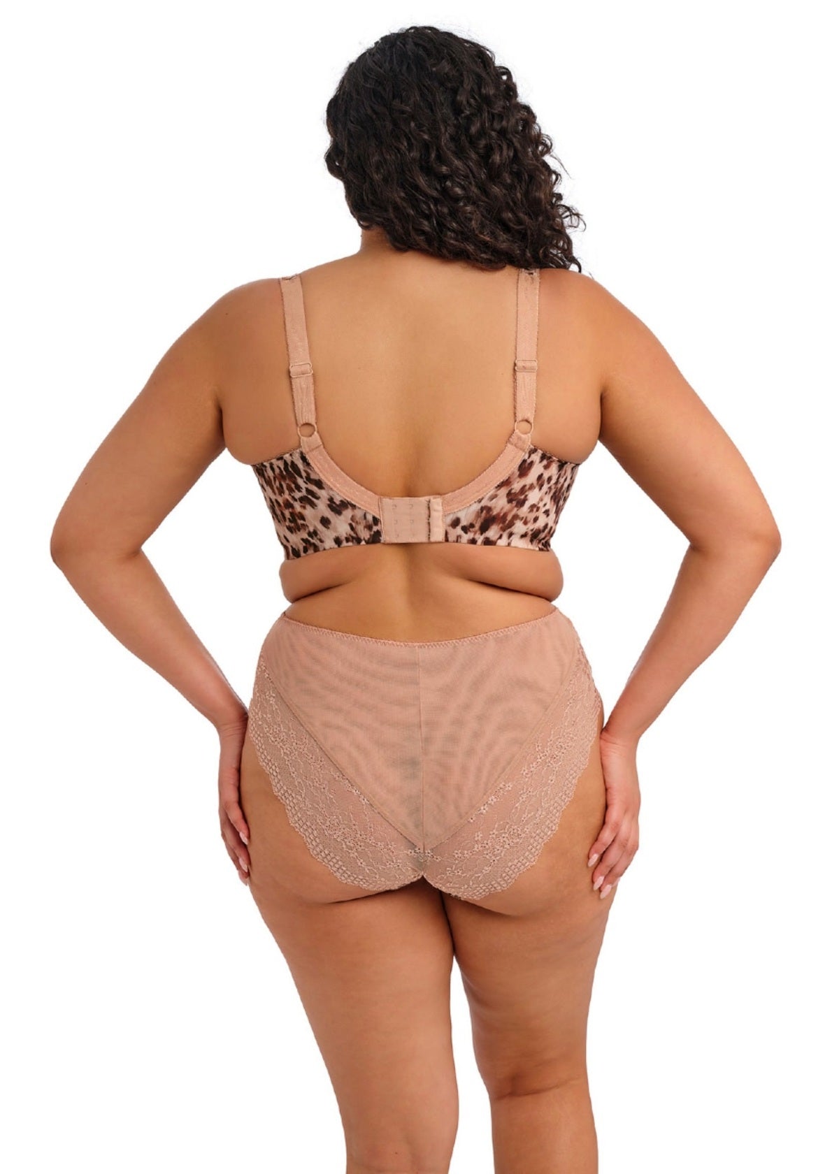 Beige lucie plunge leopard-print bra with adjustable straps and matching high-waisted lace-trimmed briefs set