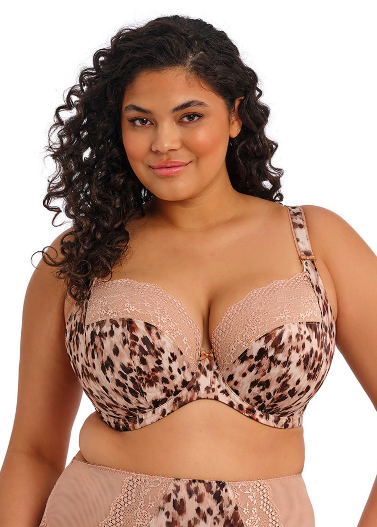 Beige and brown leopard print underwire bra with lace trim lucie plunge style for support and style