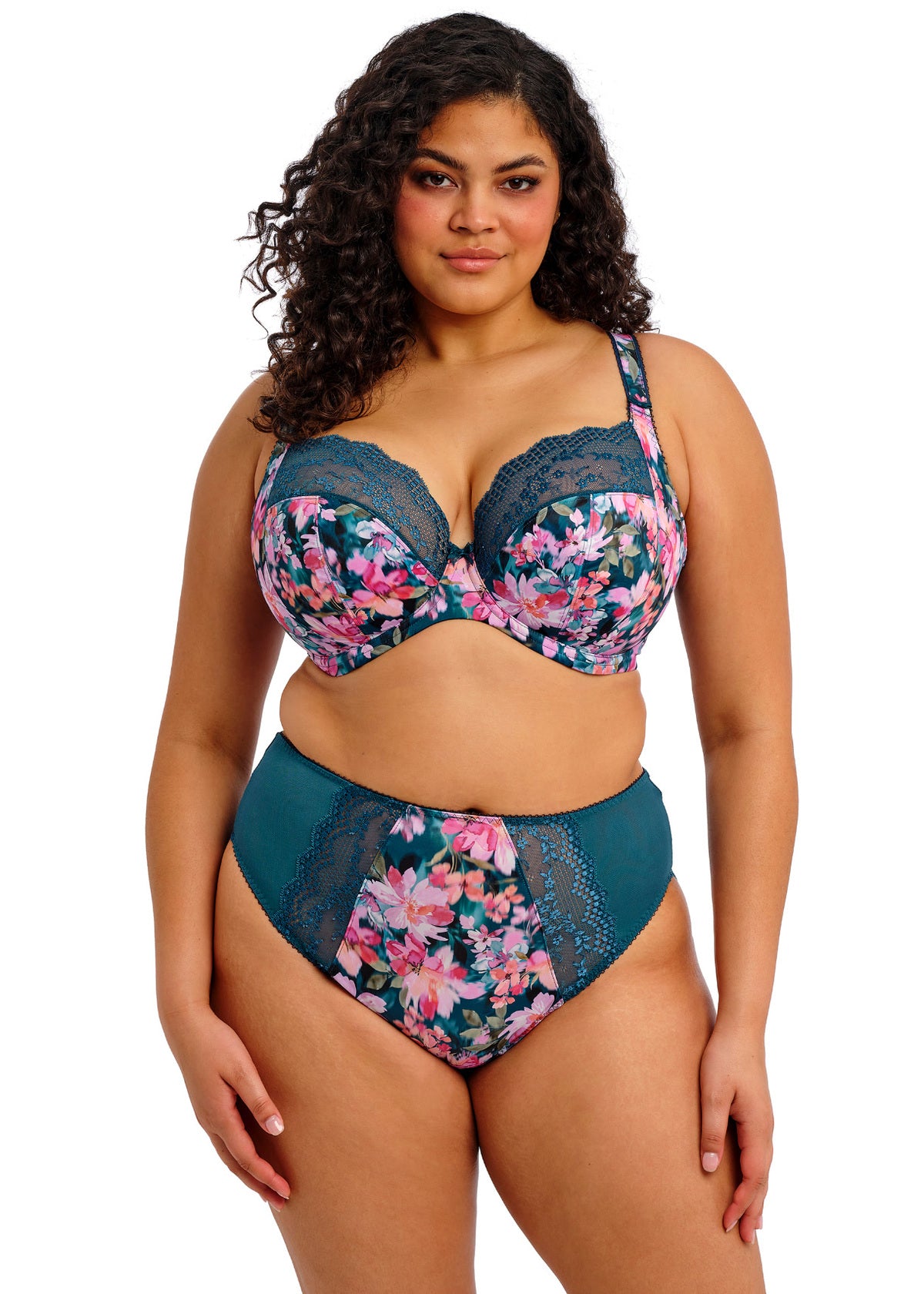 Teal and pink floral plus-size Lucie High Leg Brief bra and lace-trim panties