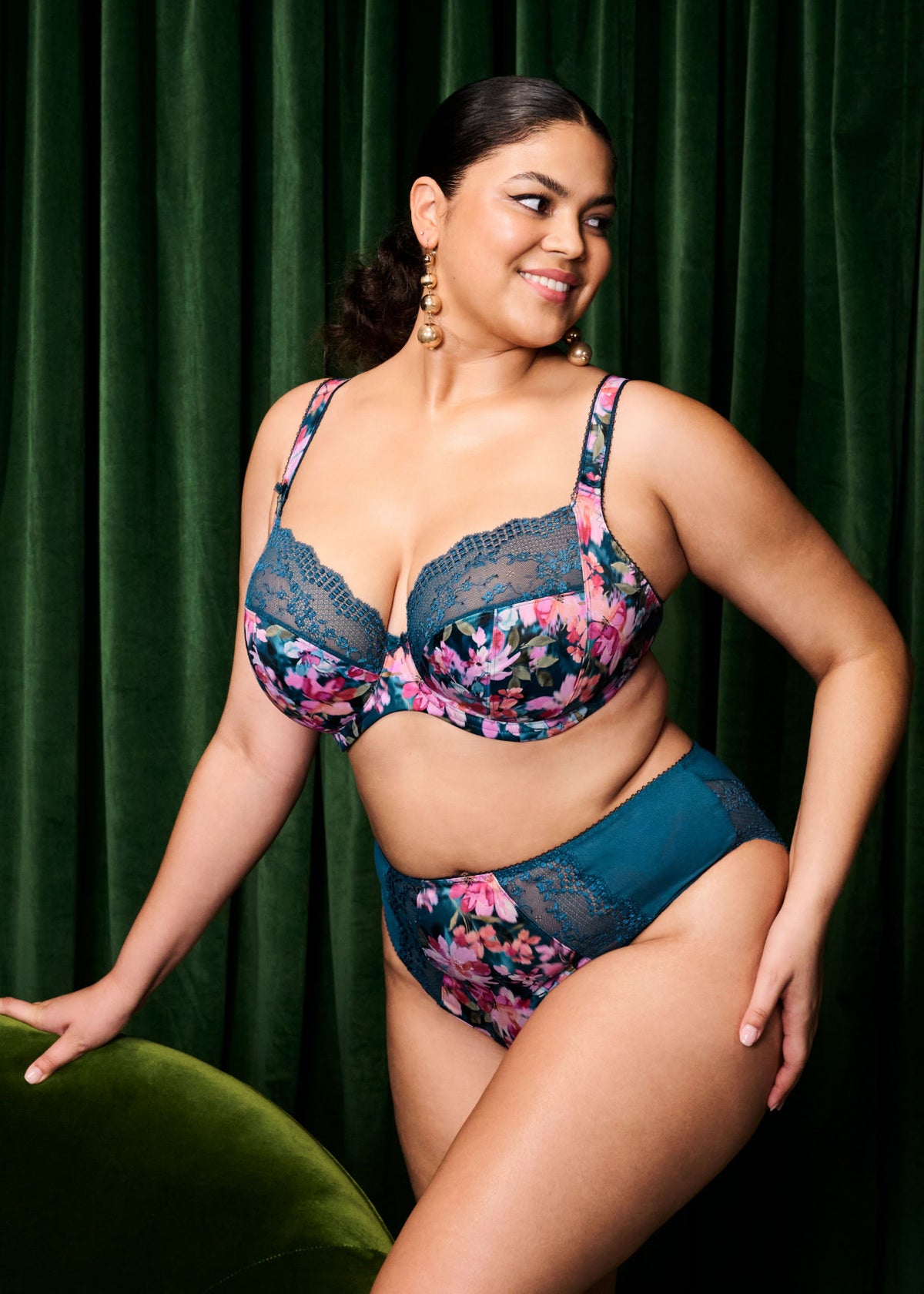 Teal and pink floral lace bra set with Lucie High Leg Brief