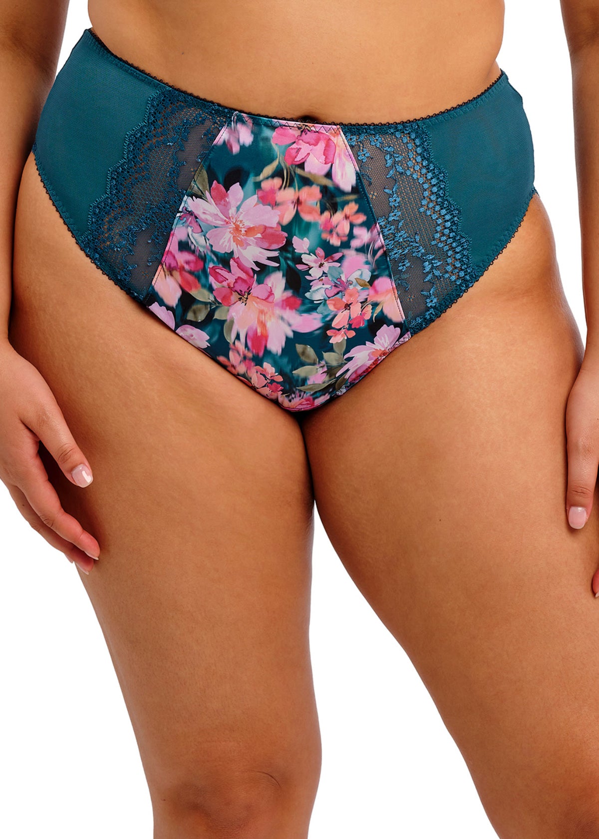 Teal floral Lucie High Leg Brief bikini with lace trim
