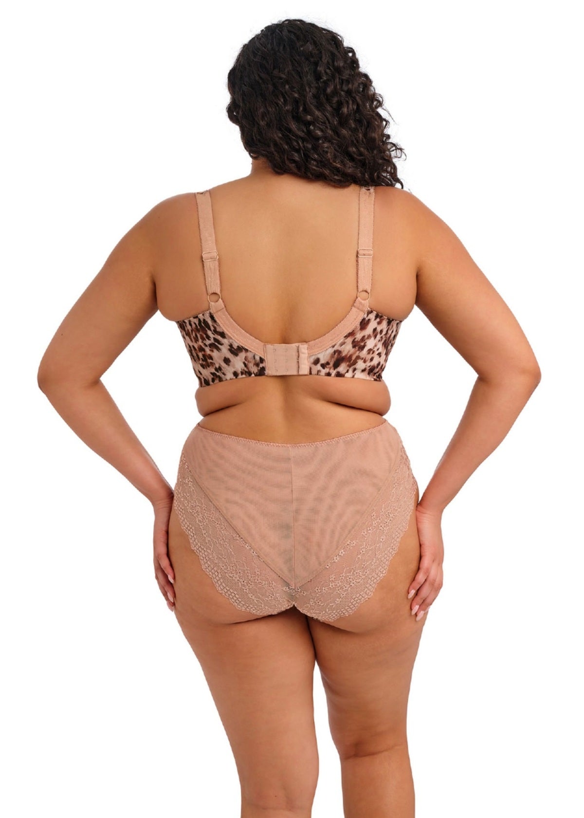 A beige leopard-print bra with adjustable straps and matching high-waisted lace-trimmed lucie high leg brief set