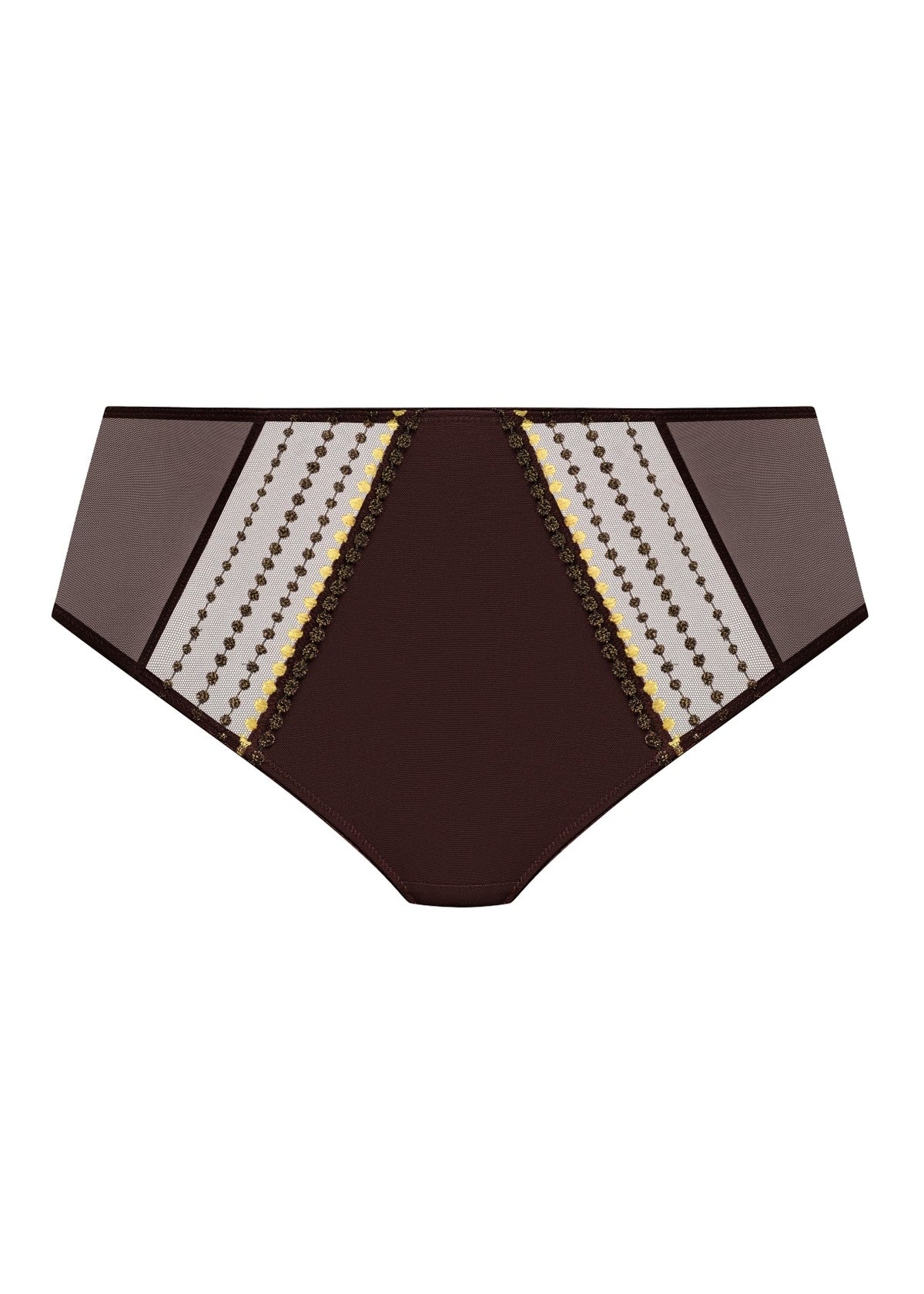 Matilda full brief brown high-waisted bikini briefs with beige gold and dark brown geometric sheer mesh and dotted lace trim
