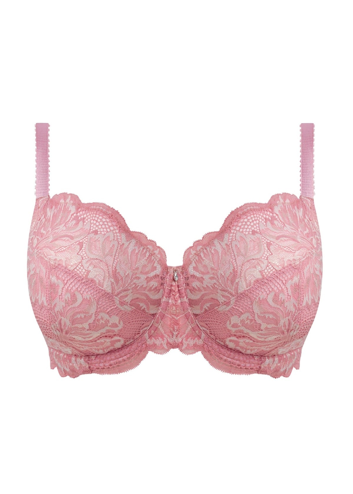 Pink lace Emmaline side support bra with scalloped edges and delicate floral patterns for everyday comfort