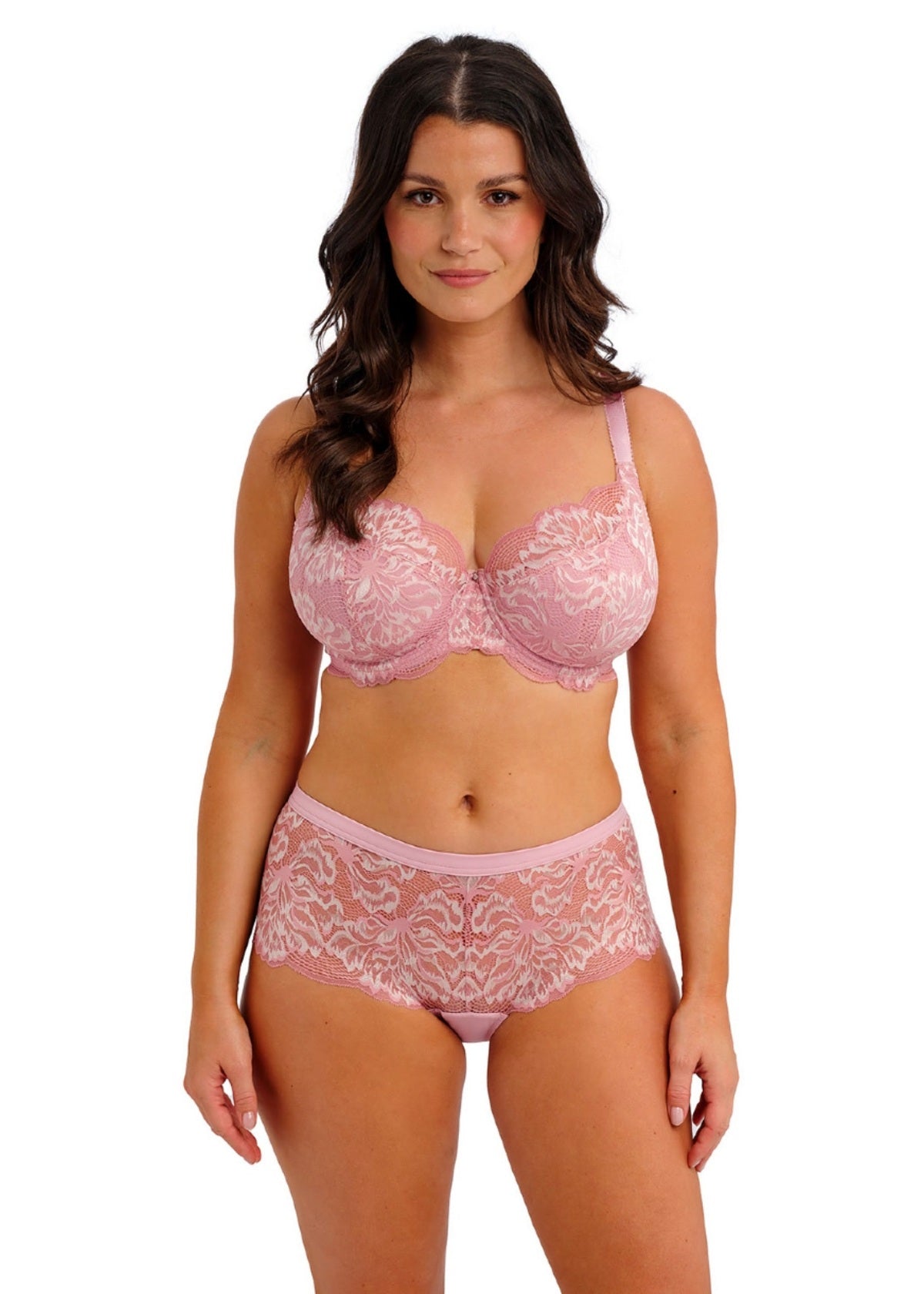 Pink lace emmaline padded plunge bra and matching panties set with floral detailing and soft fabric for comfortable wear