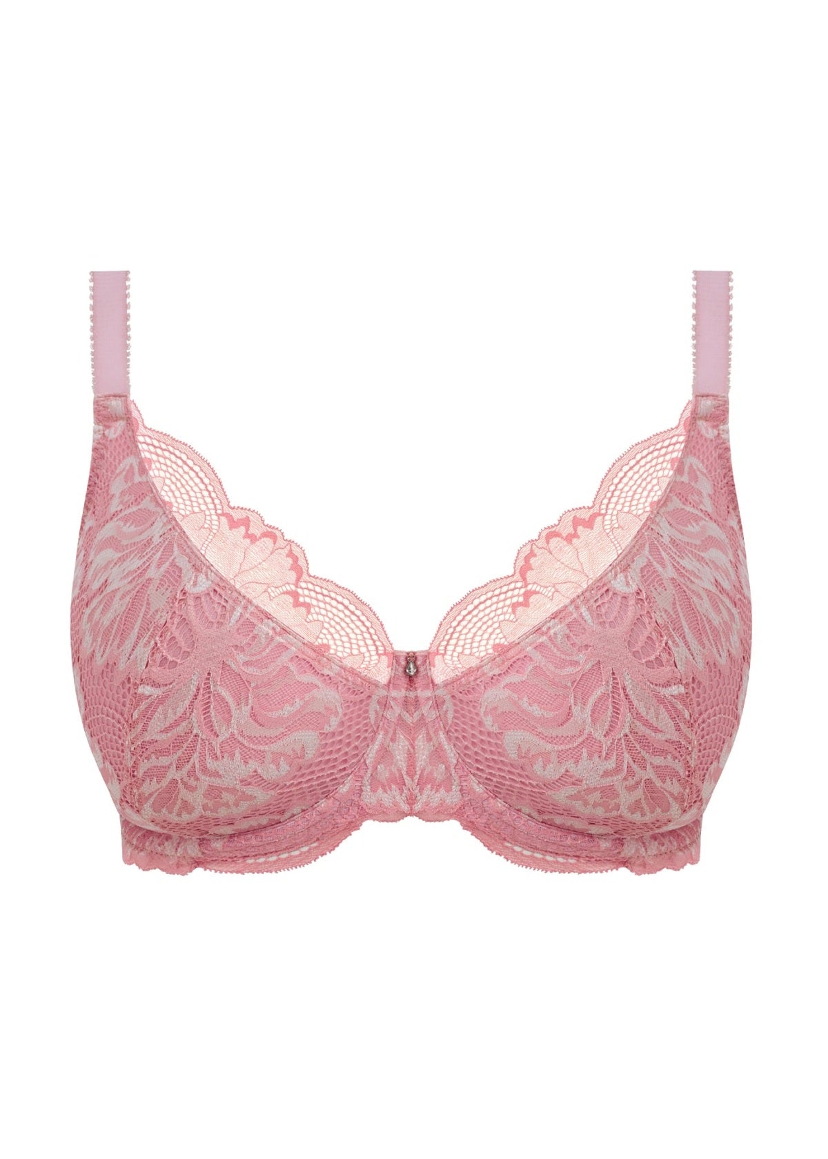 Emmaline padded plunge bra in pink floral lace with delicate scalloped edges and matching thin straps
