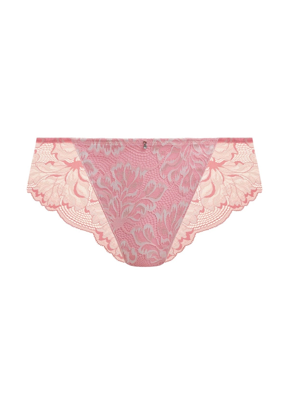 Pink floral lace emmaline brief bikini bottom with scalloped edges and delicate sheer design
