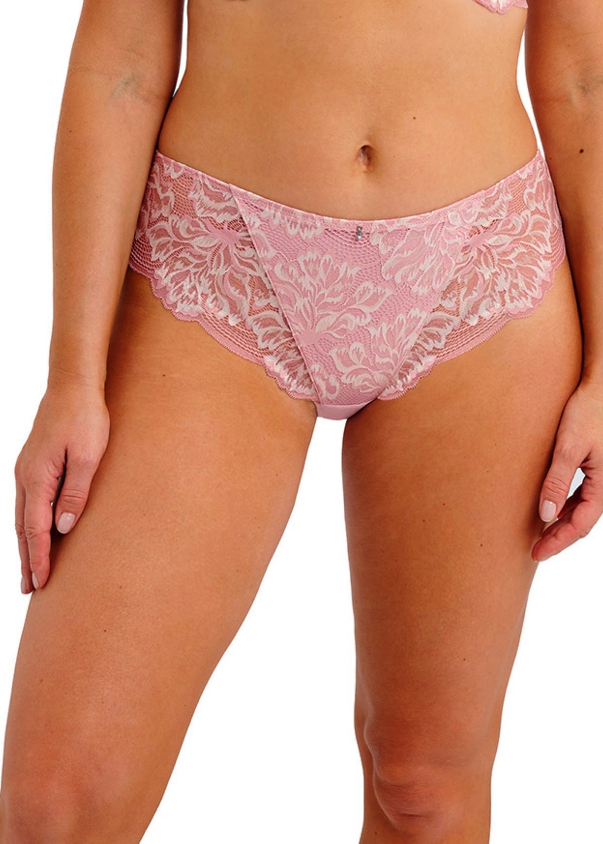 Pink floral lace emmaline brief bikini bottom showcasing delicate lace material and feminine design